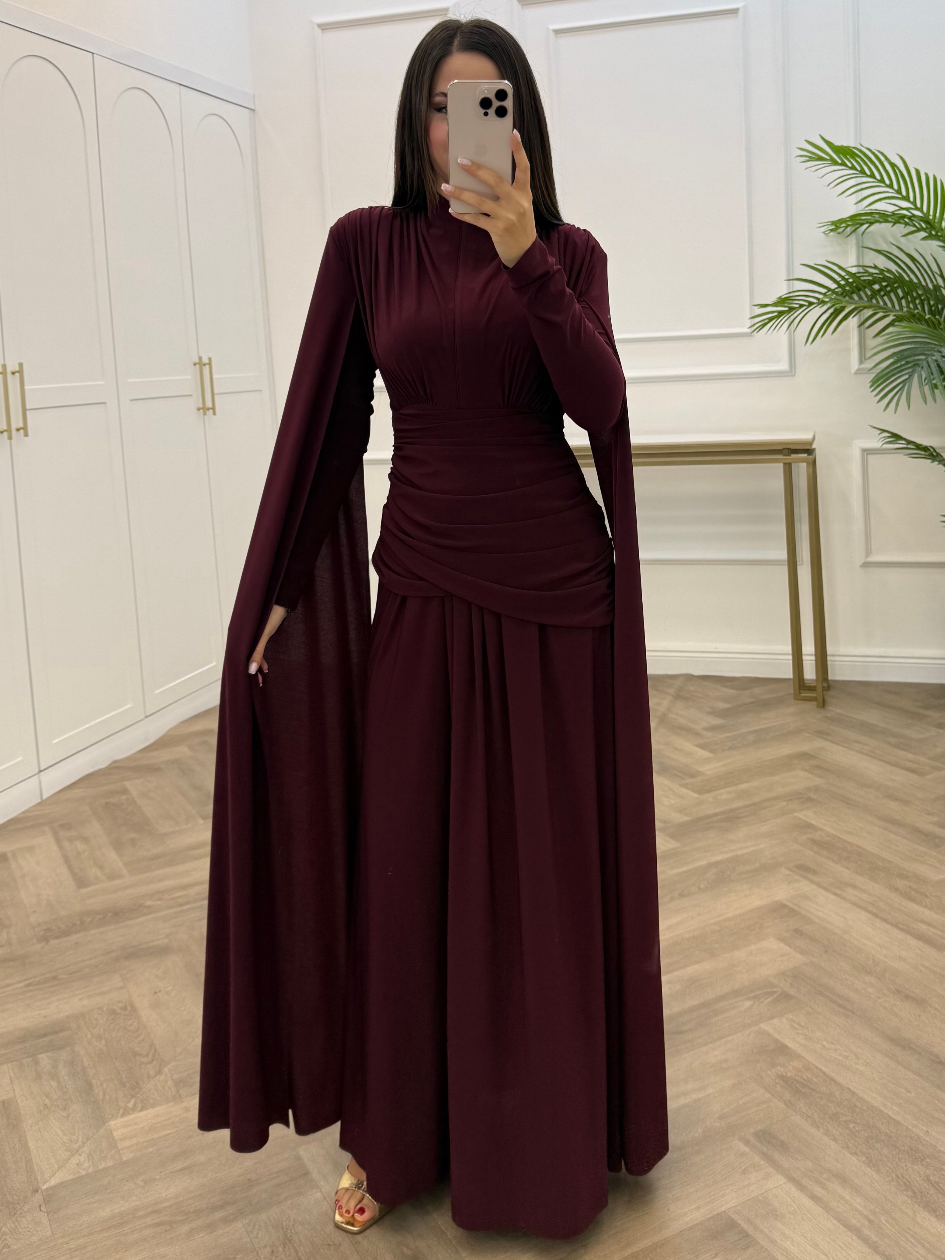 NURELLA PELERİNLİ SANDY ELBİSE BORDO