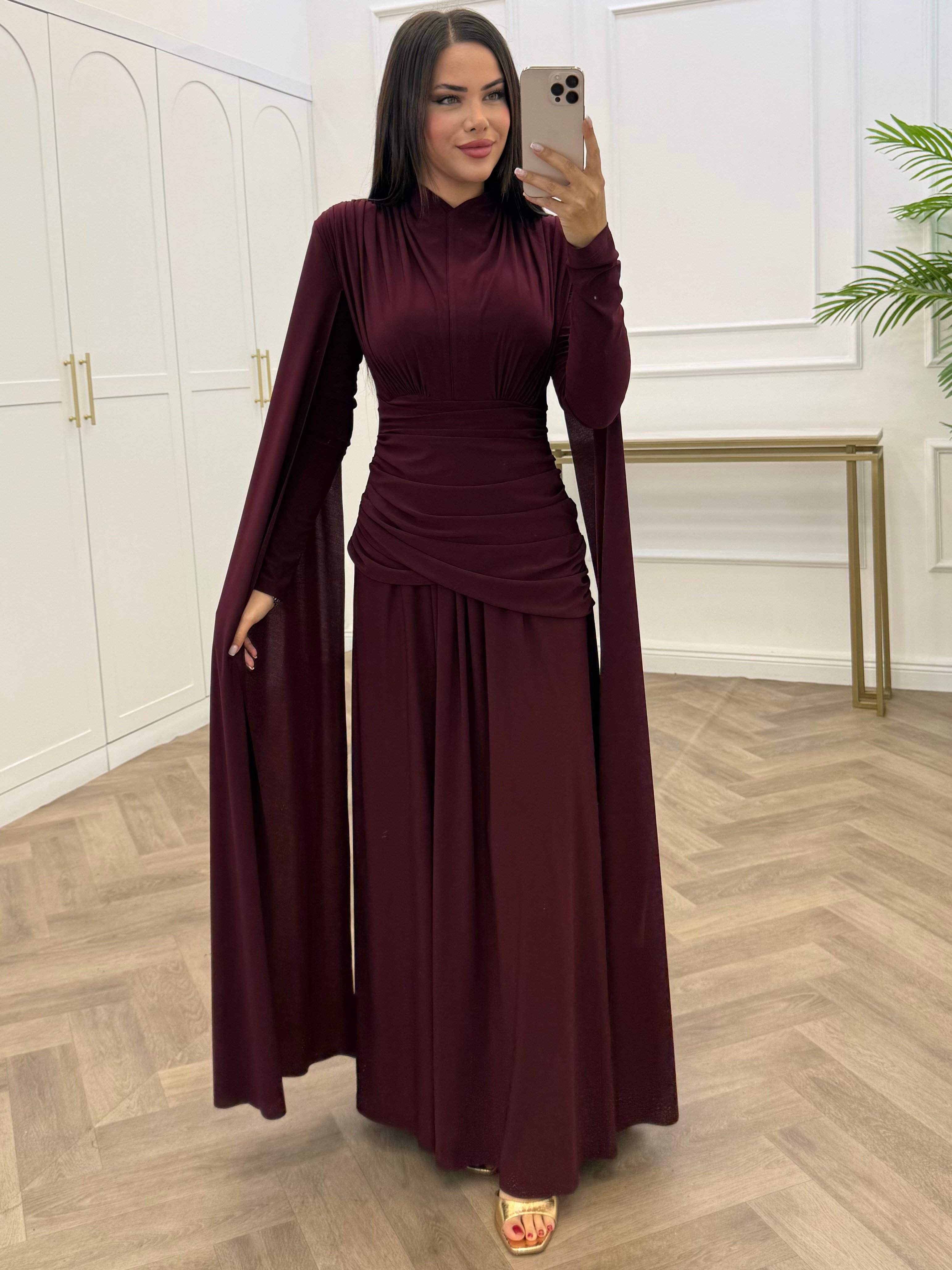 NURELLA PELERİNLİ SANDY ELBİSE BORDO
