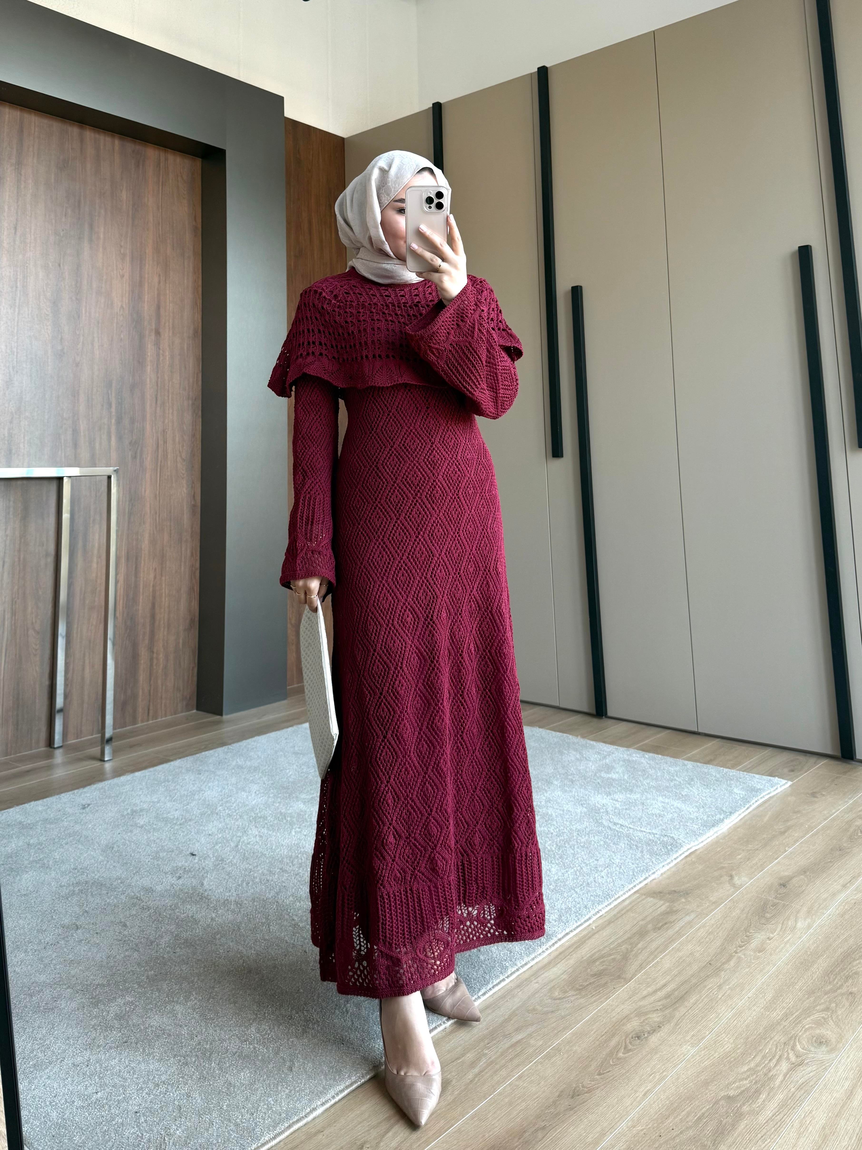 OMUZ DETAYLI FİLELİ ELBİSE BORDO