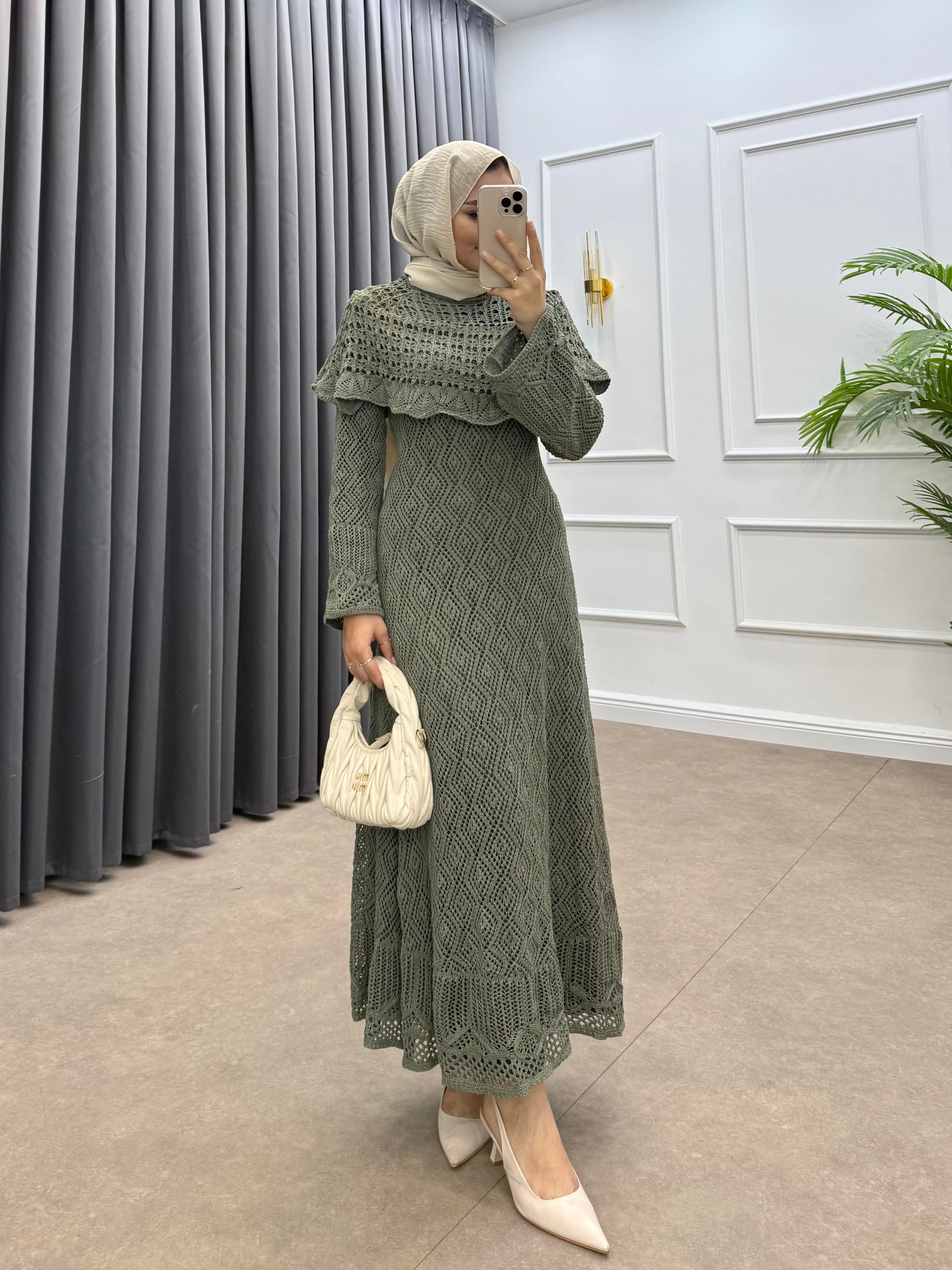 OMUZ DETAYLI FİLELİ ELBİSE HAKİ