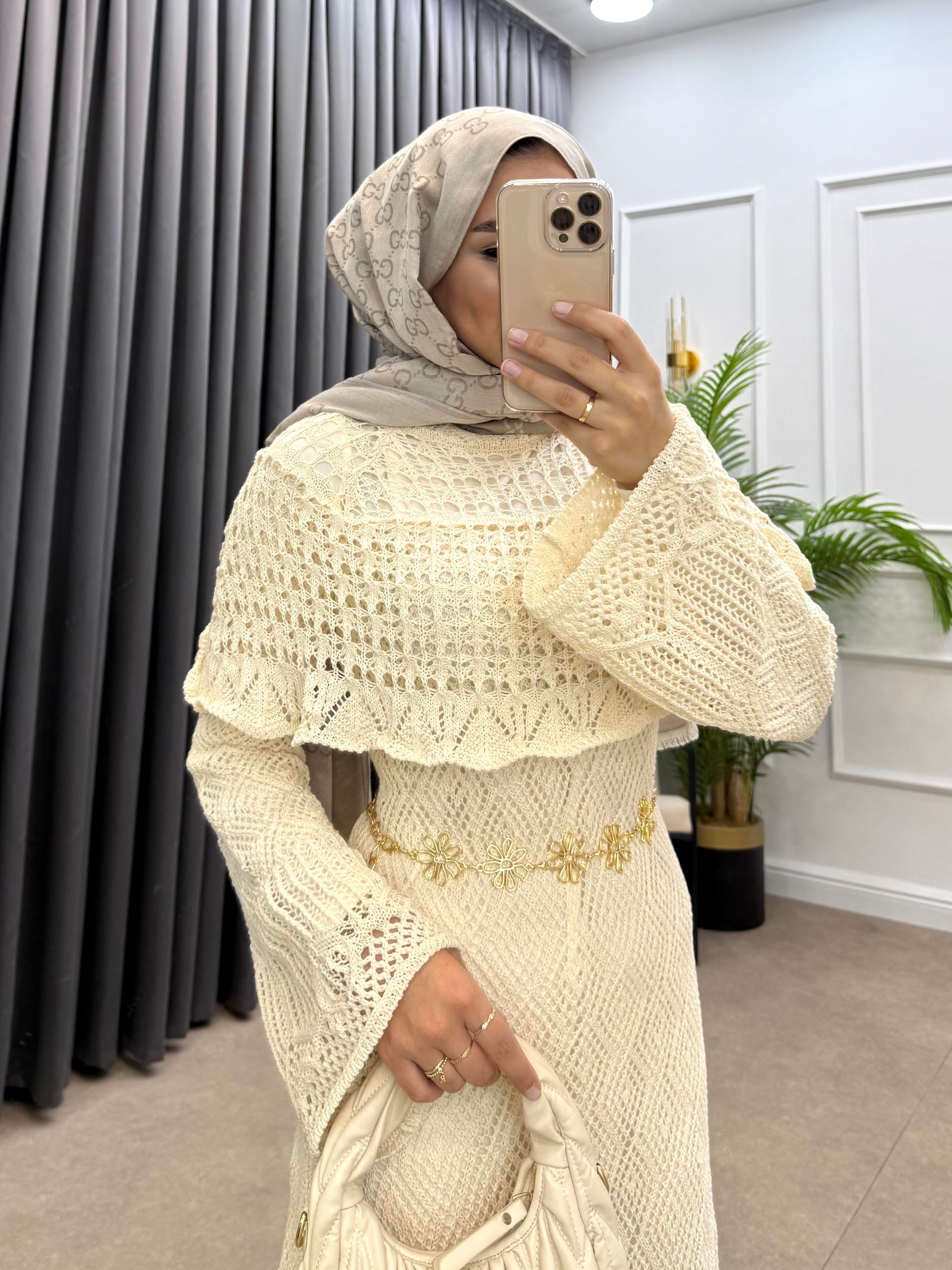 OMUZ DETAYLI FİLELİ ELBİSE TAŞ