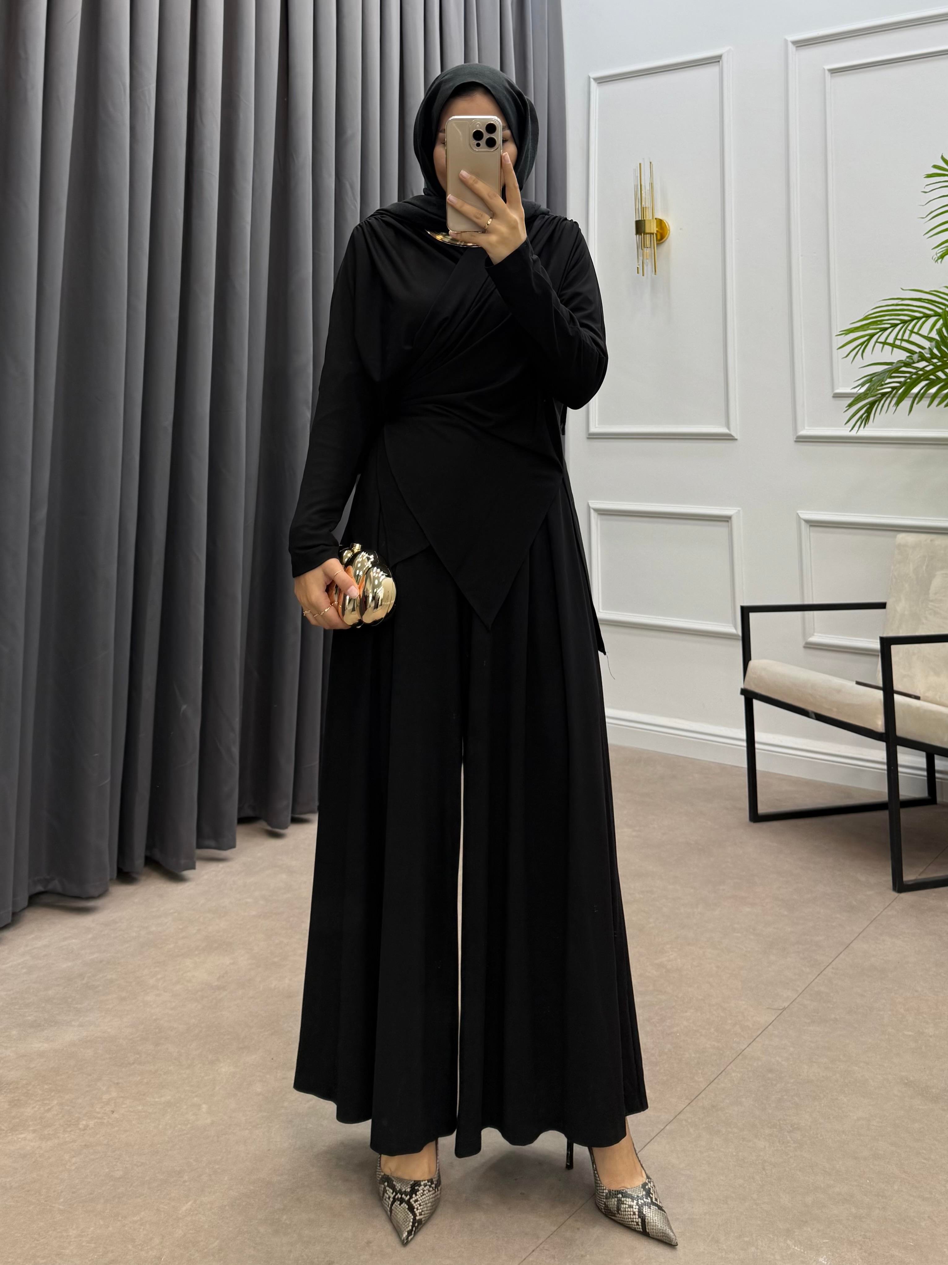 ÖNDEN BAĞLAMALI OYSHO PANTOLONLU TAKIM SİYAH