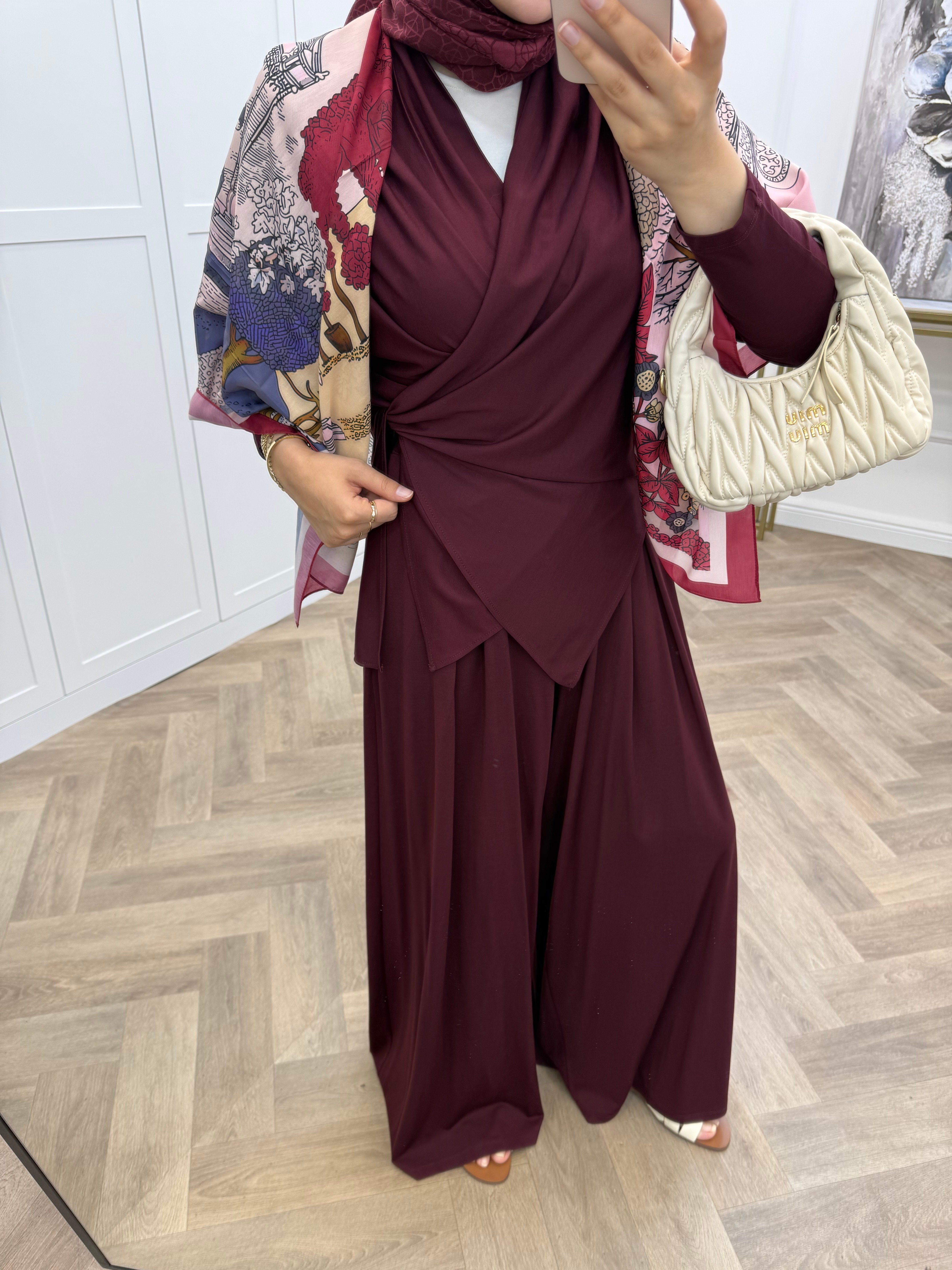 ÖNDEN BAĞLAMALI OYSHO PANTOLONLU TAKIM BORDO