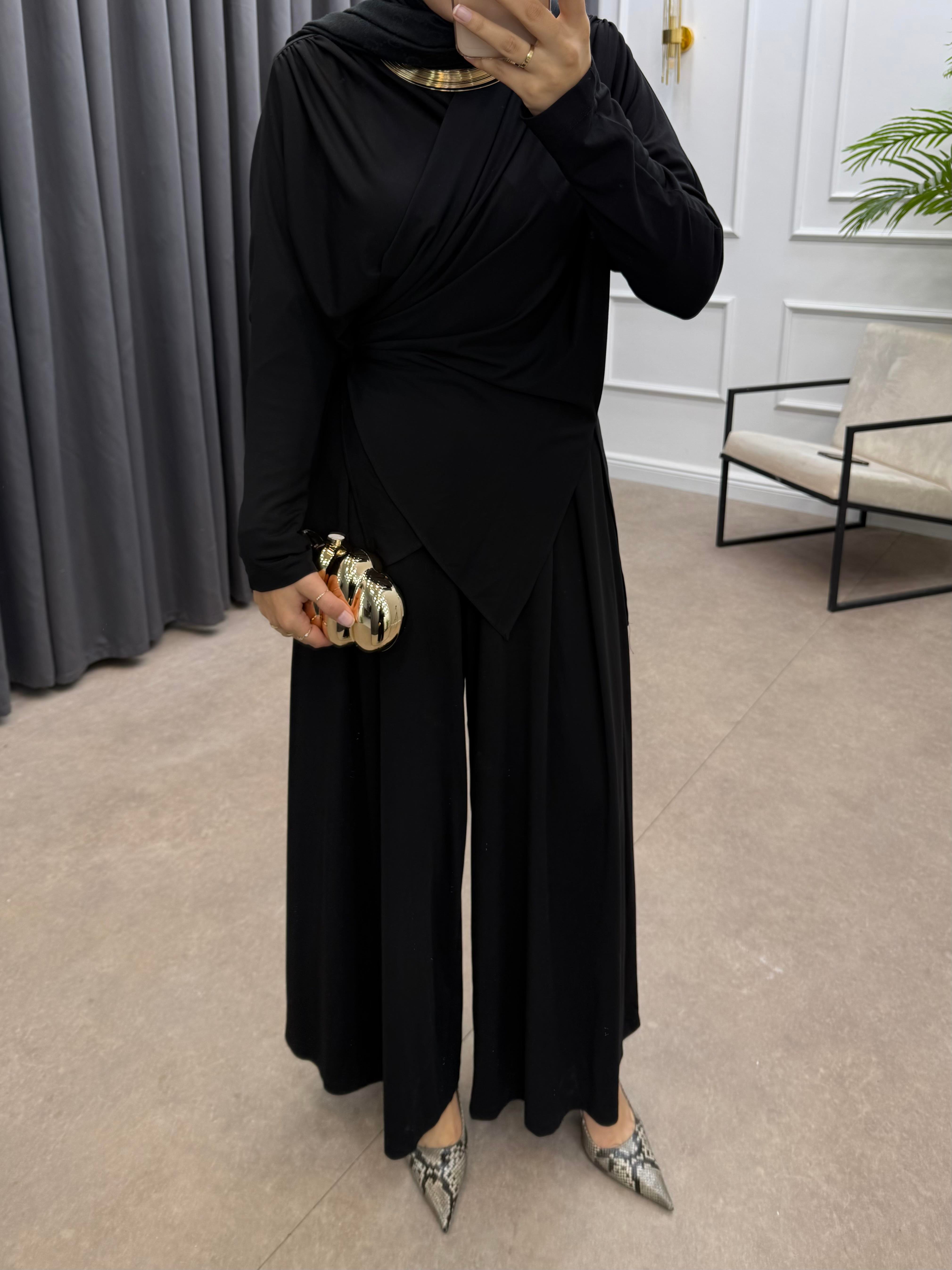 ÖNDEN BAĞLAMALI OYSHO PANTOLONLU TAKIM SİYAH