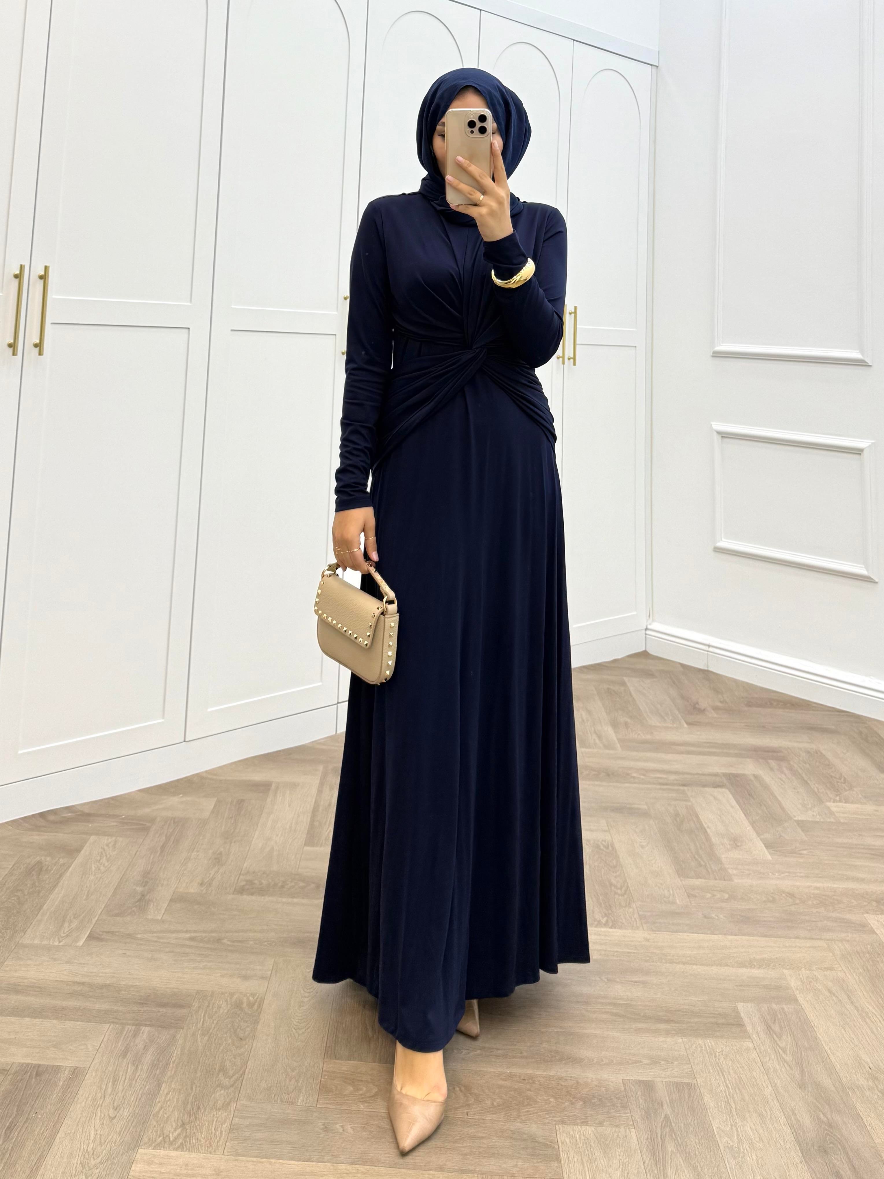 ÖNDEN ÇAPRAZ BAĞLAMALI ELBİSE LACİVERT