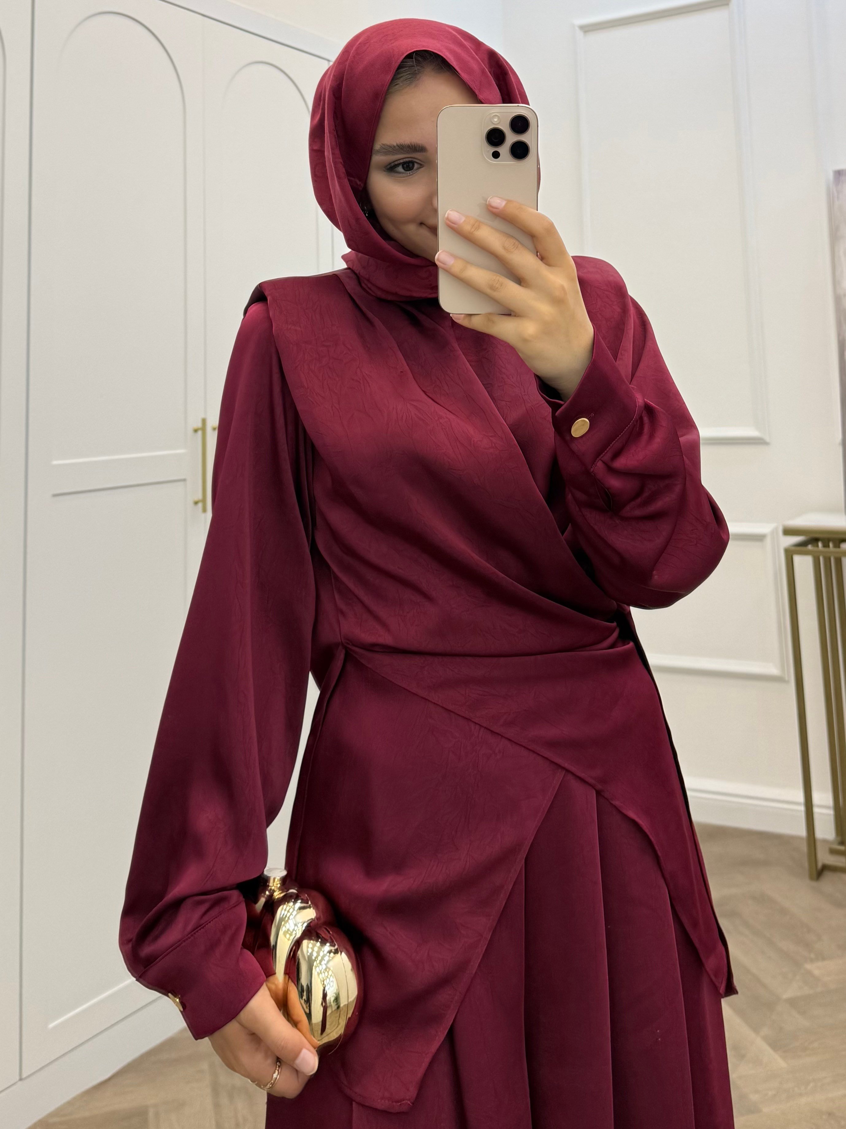 ÖNDEN ÇAPRAZ BAĞLAMALI PANTOLONLU TAKIM BORDO