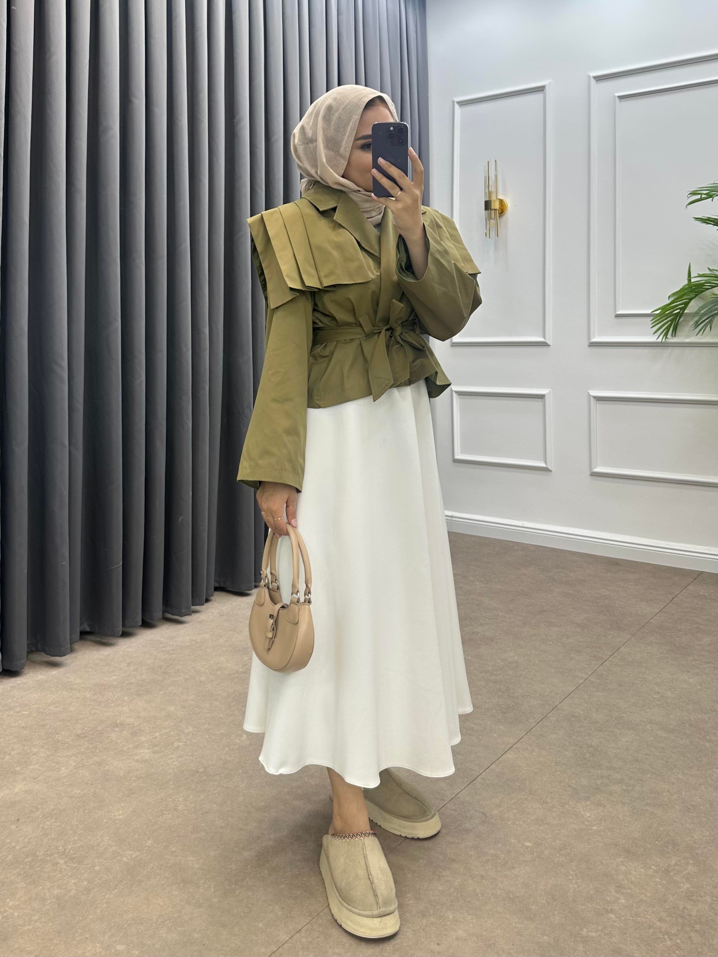 ÖNÜ PENSLİ KISA TRENÇKOT HAKİ