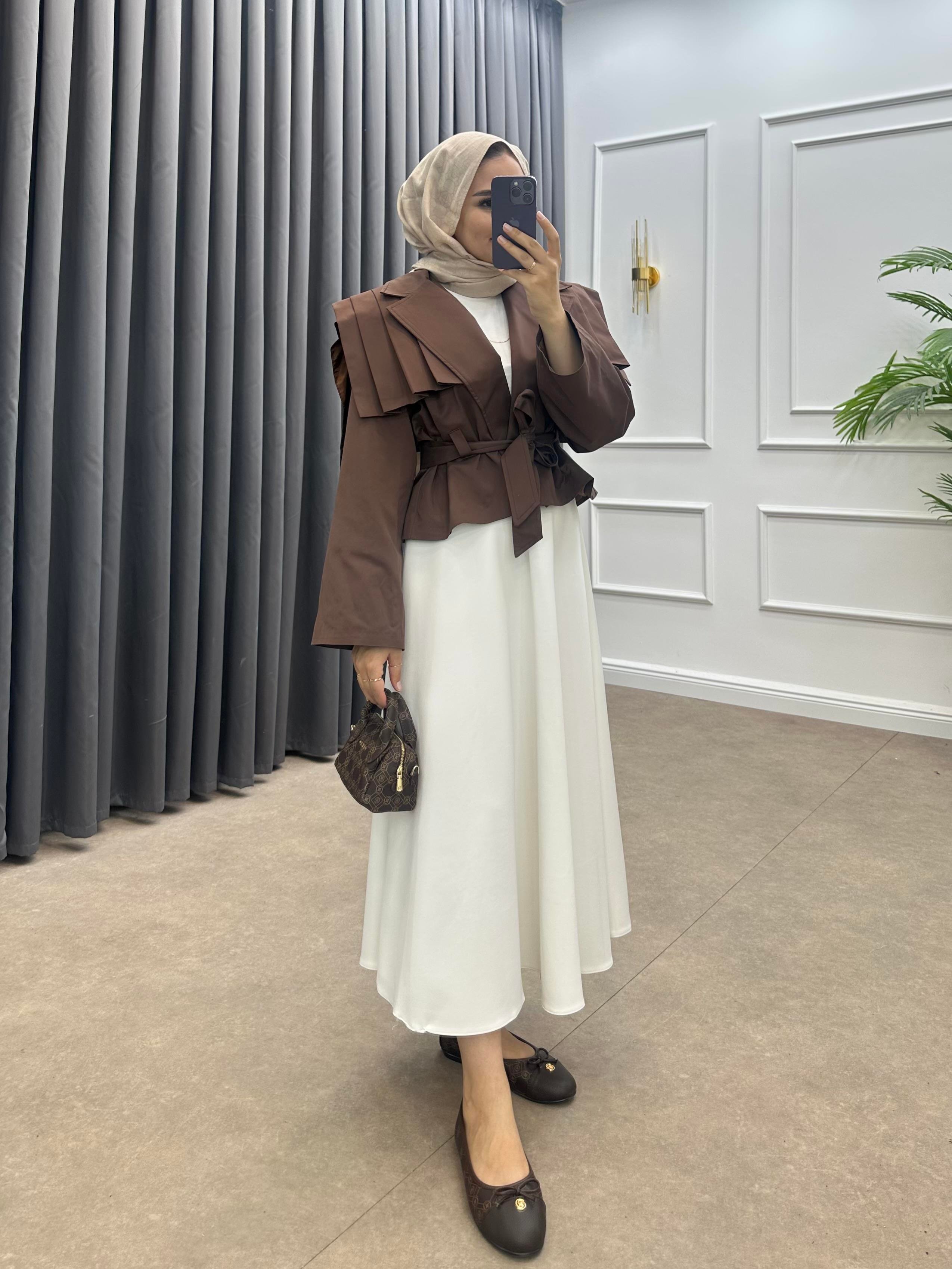 ÖNÜ PENSLİ KISA TRENÇKOT KAHVE