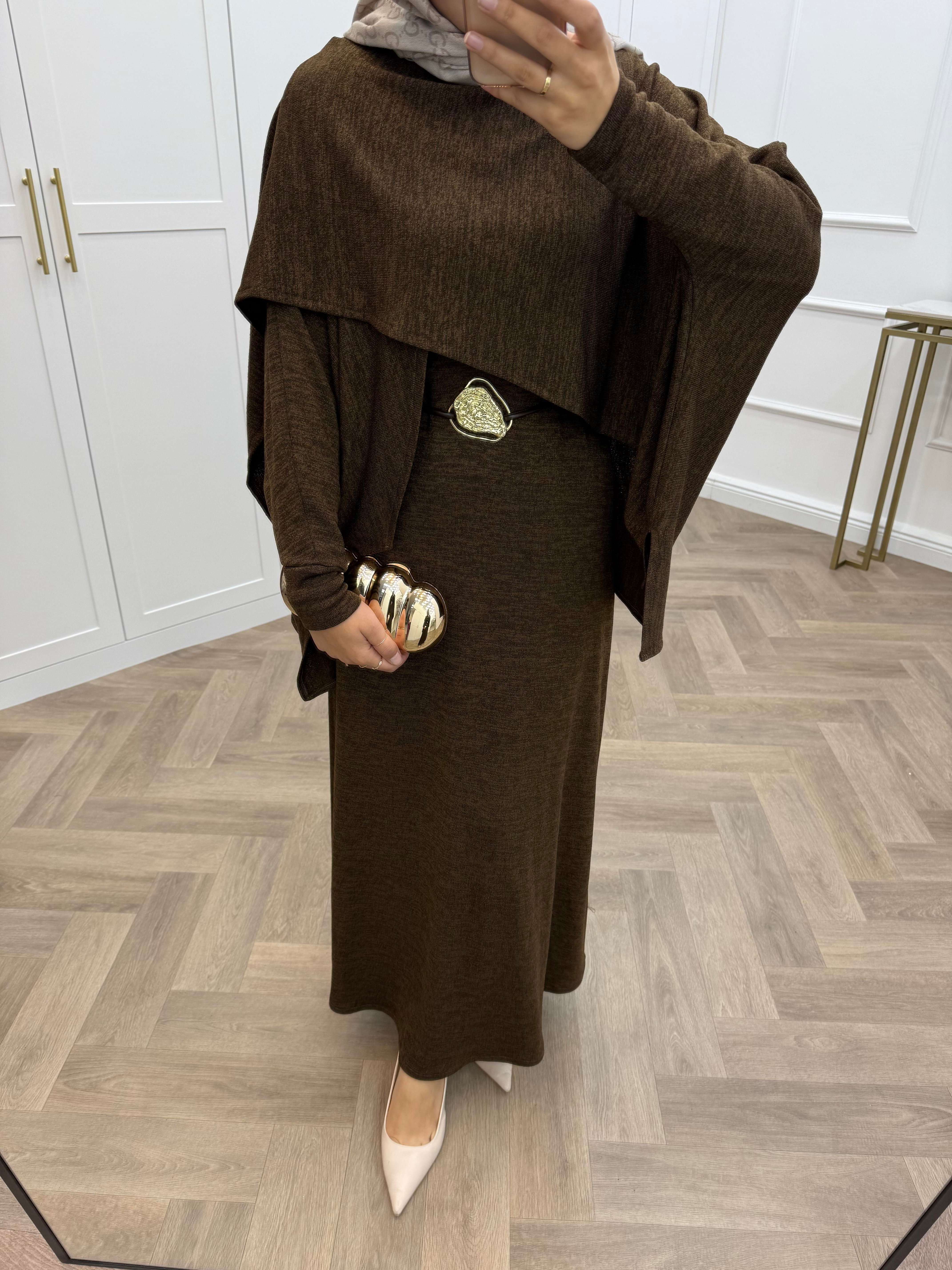 PANÇO DETAY TRİKO ELBİSE KAHVE