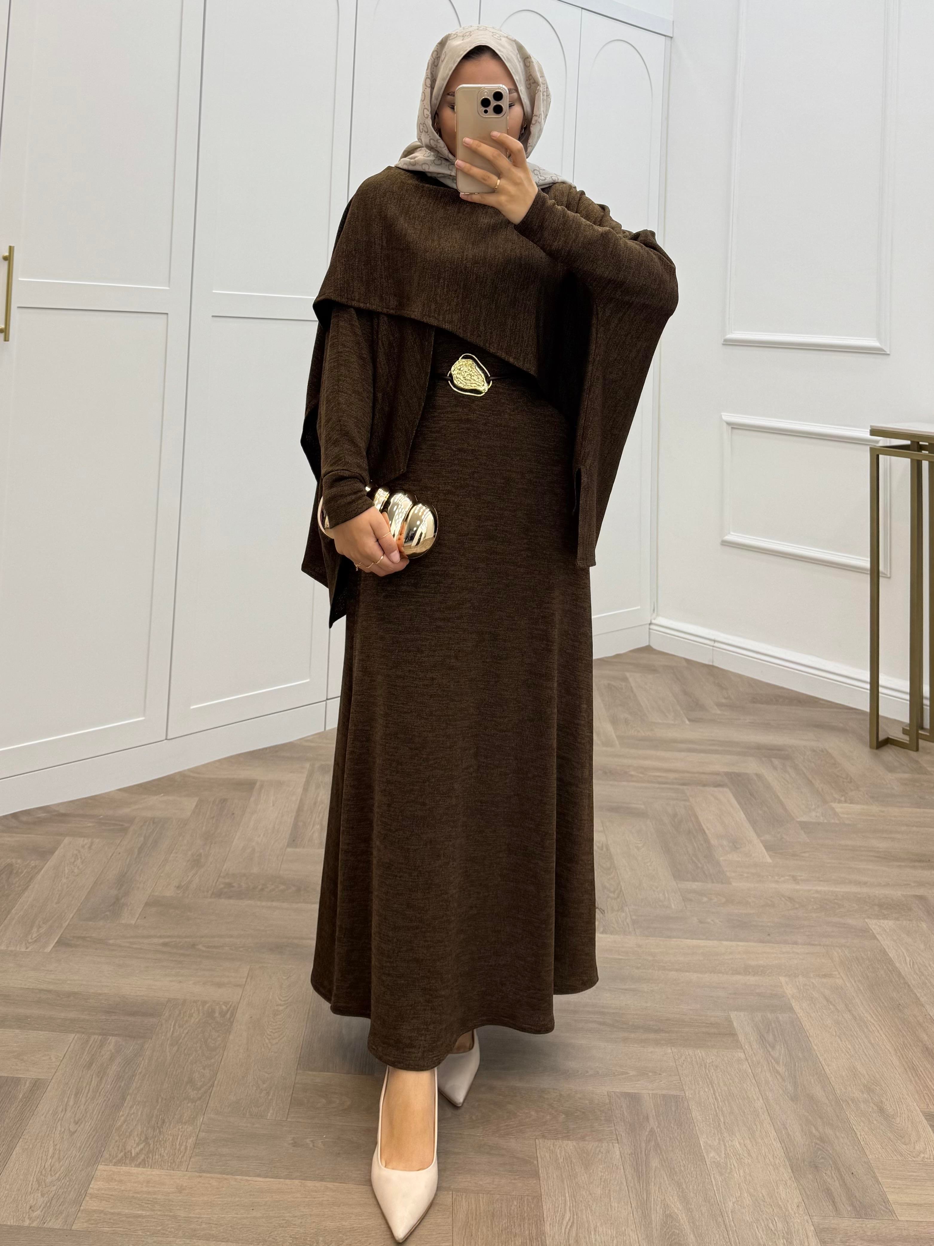 PANÇO DETAY TRİKO ELBİSE KAHVE