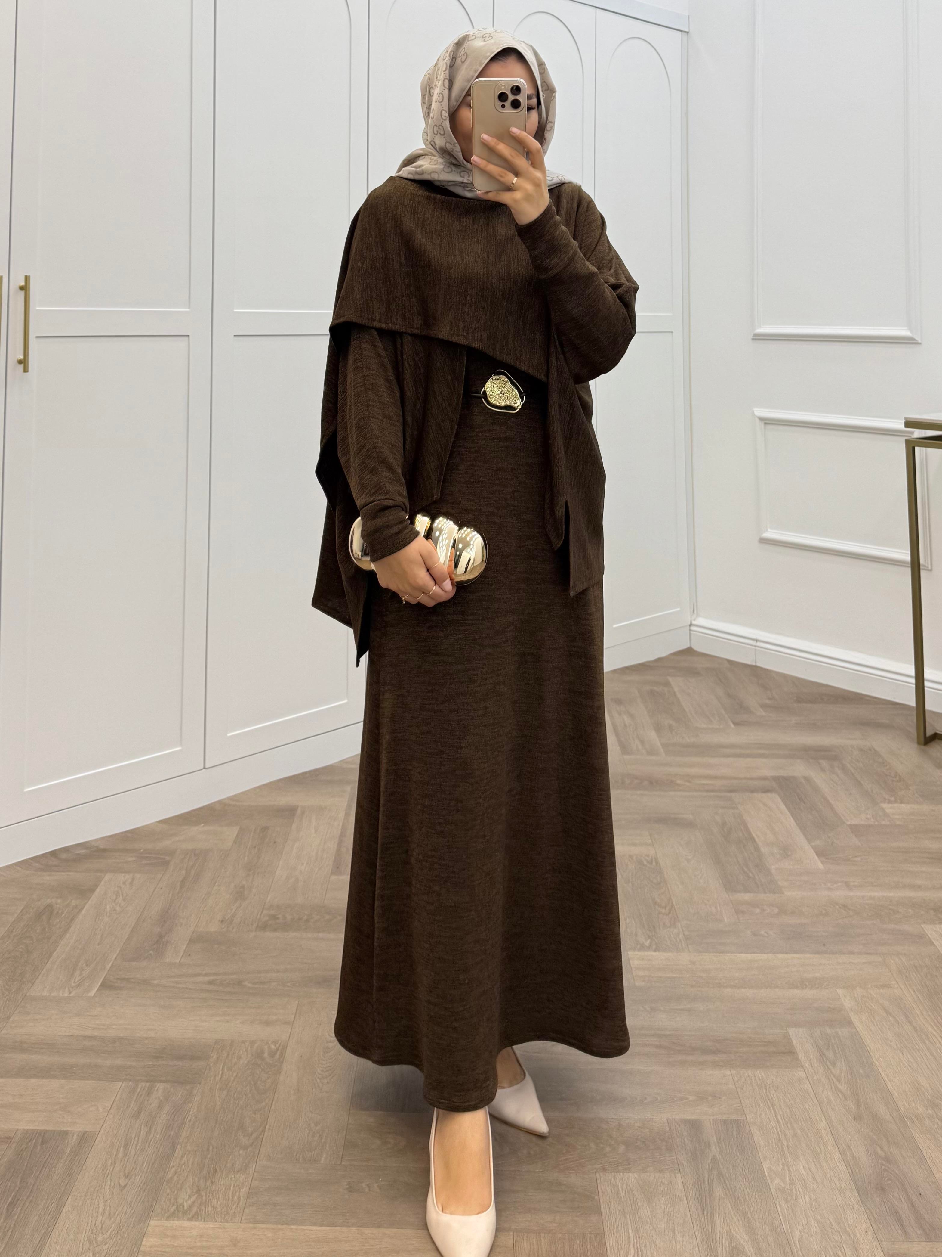 PANÇO DETAY TRİKO ELBİSE KAHVE