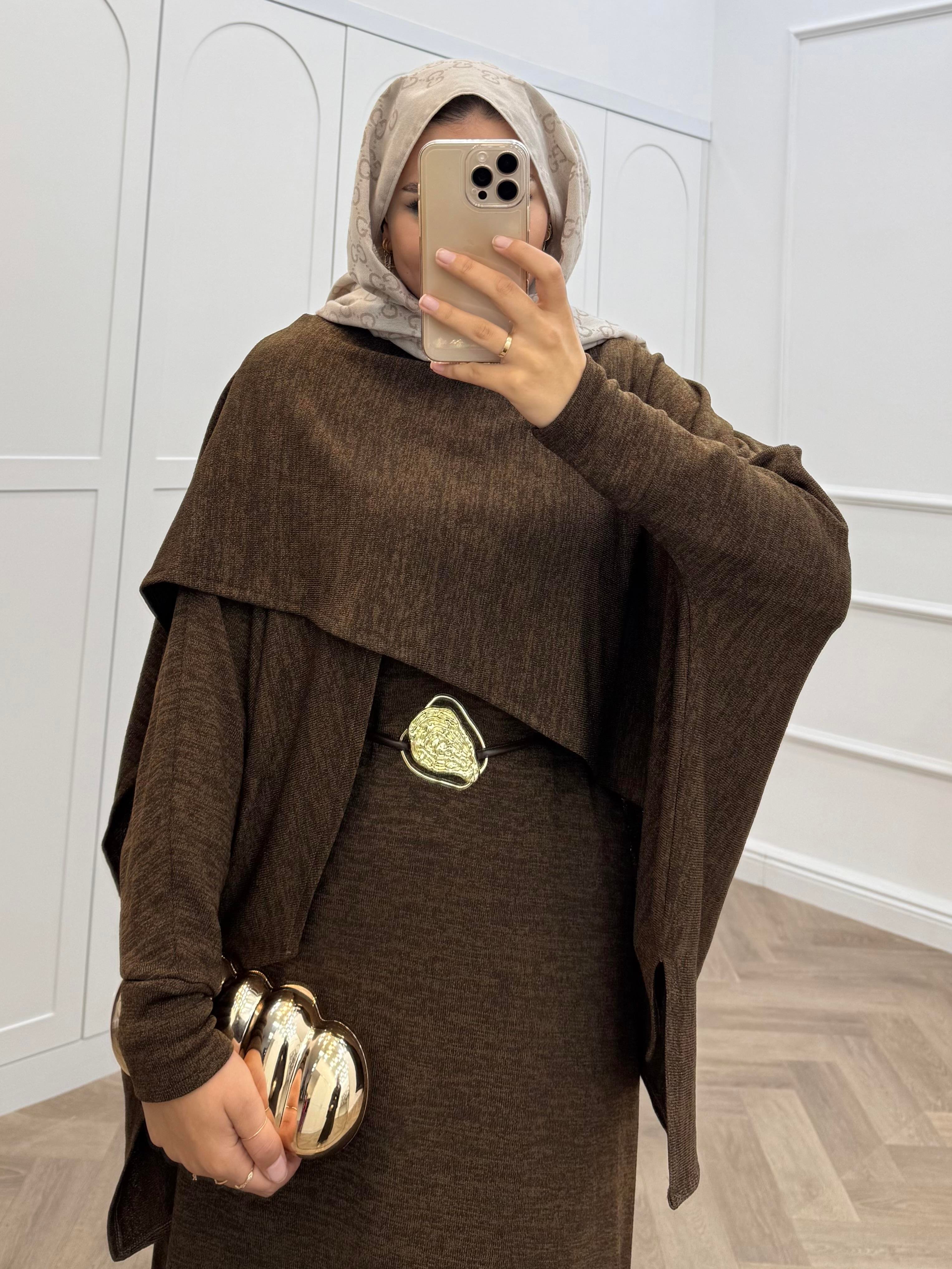 PANÇO DETAY TRİKO ELBİSE KAHVE