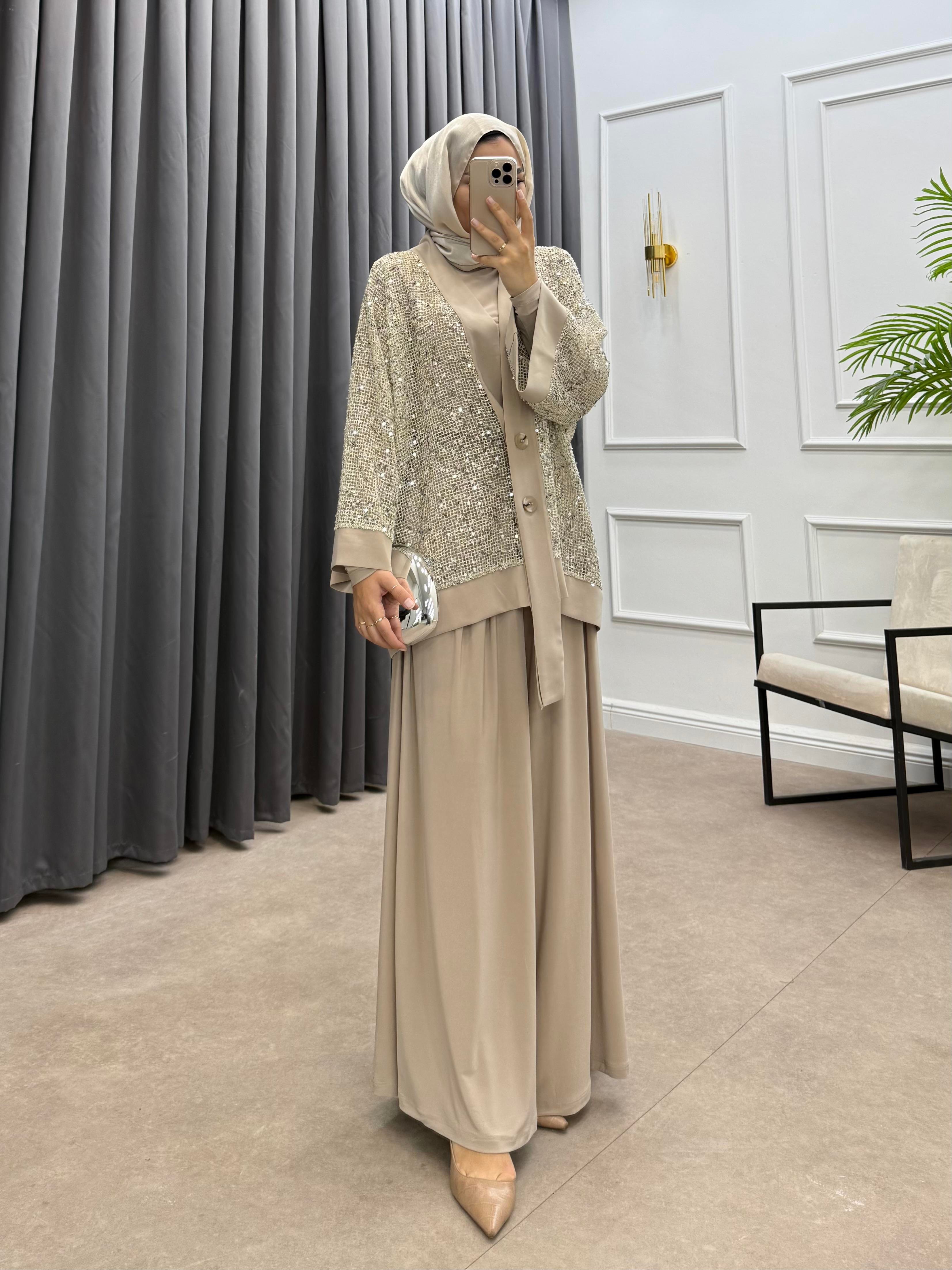 PAYETLİ ÜÇLÜ TAKIM BEJ