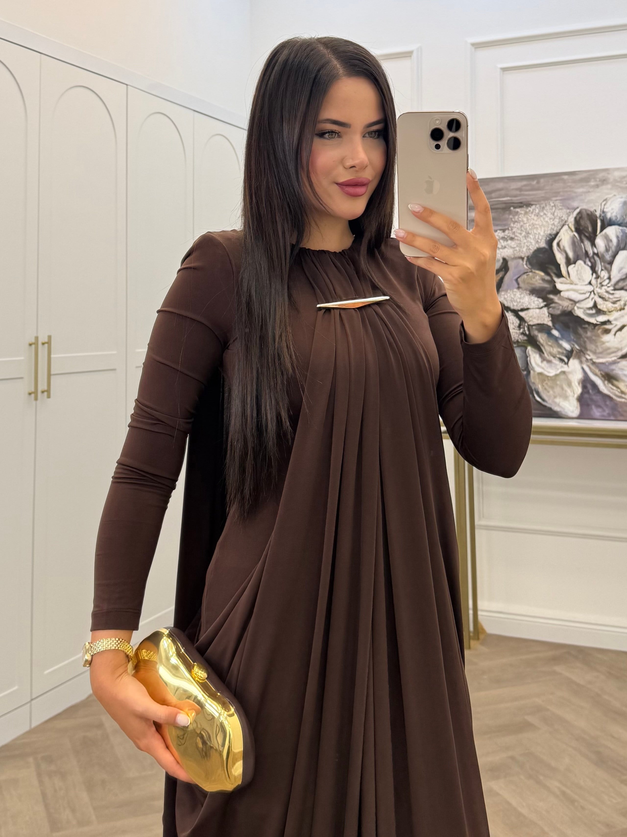PELERİN DETAY GOLD TOKALI SANDY ELBİSE KAHVE