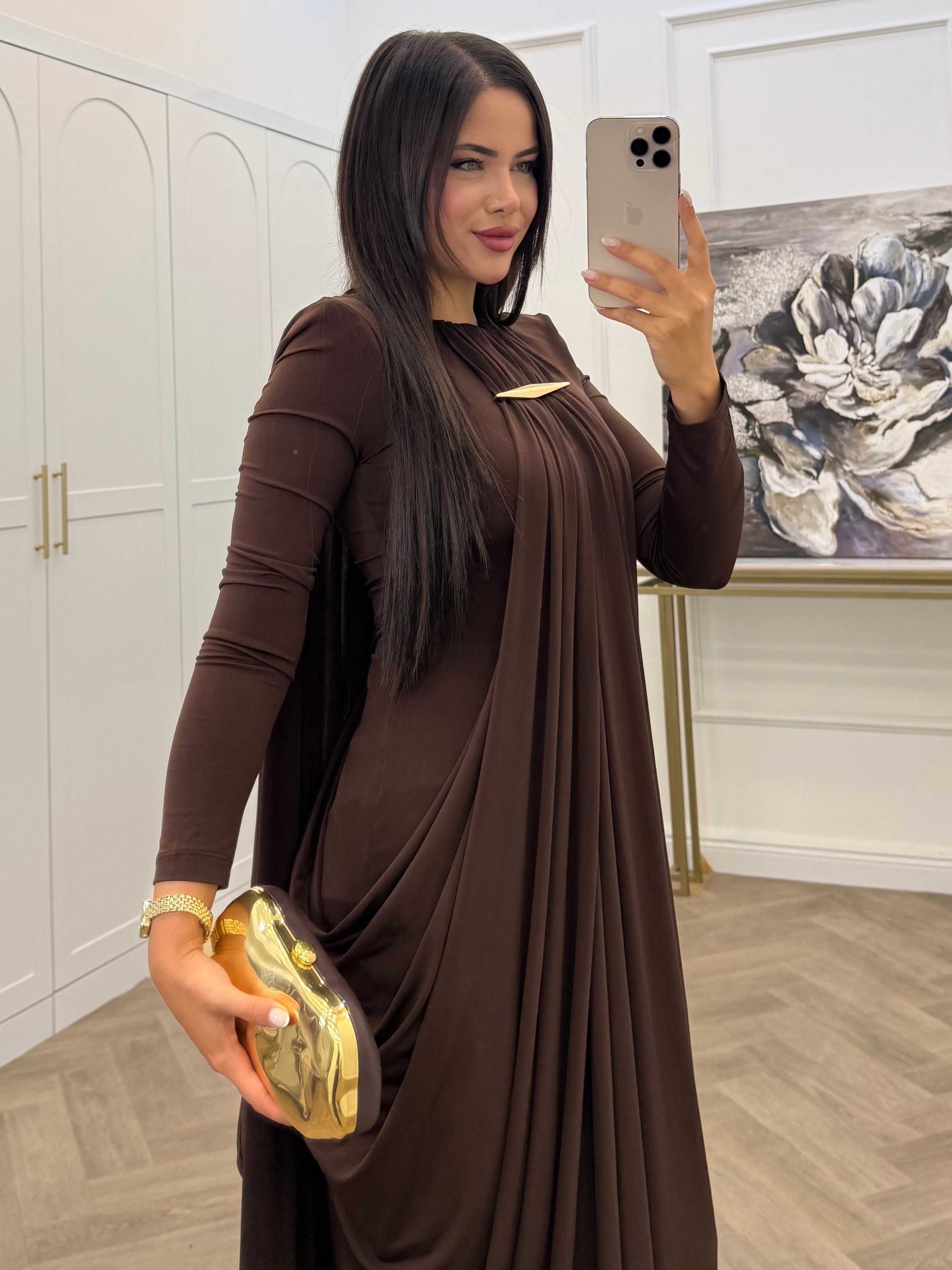 PELERİN DETAY GOLD TOKALI SANDY ELBİSE KAHVE