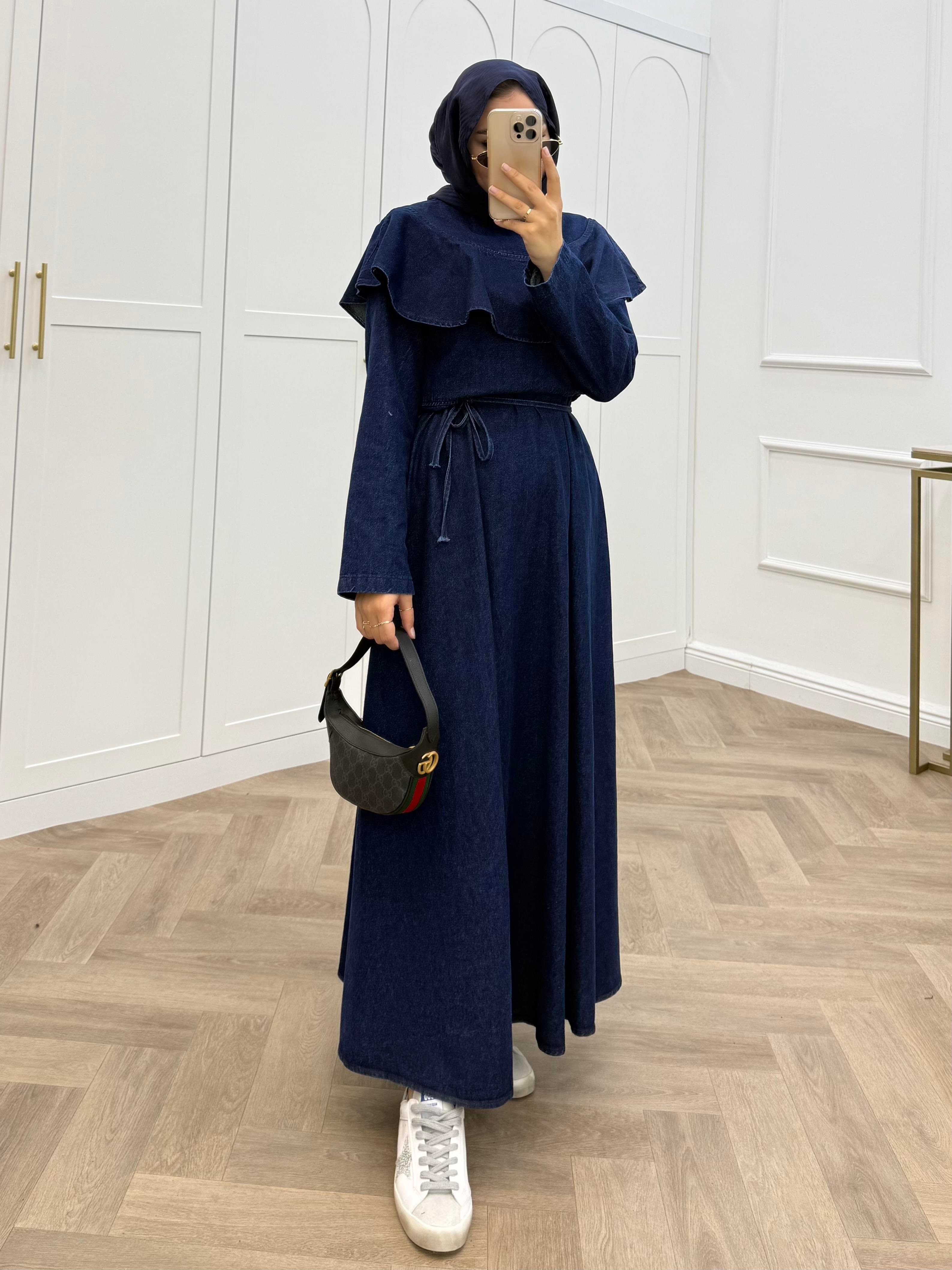 PELERİNLİ DENİM ELBİSE LACİVERT