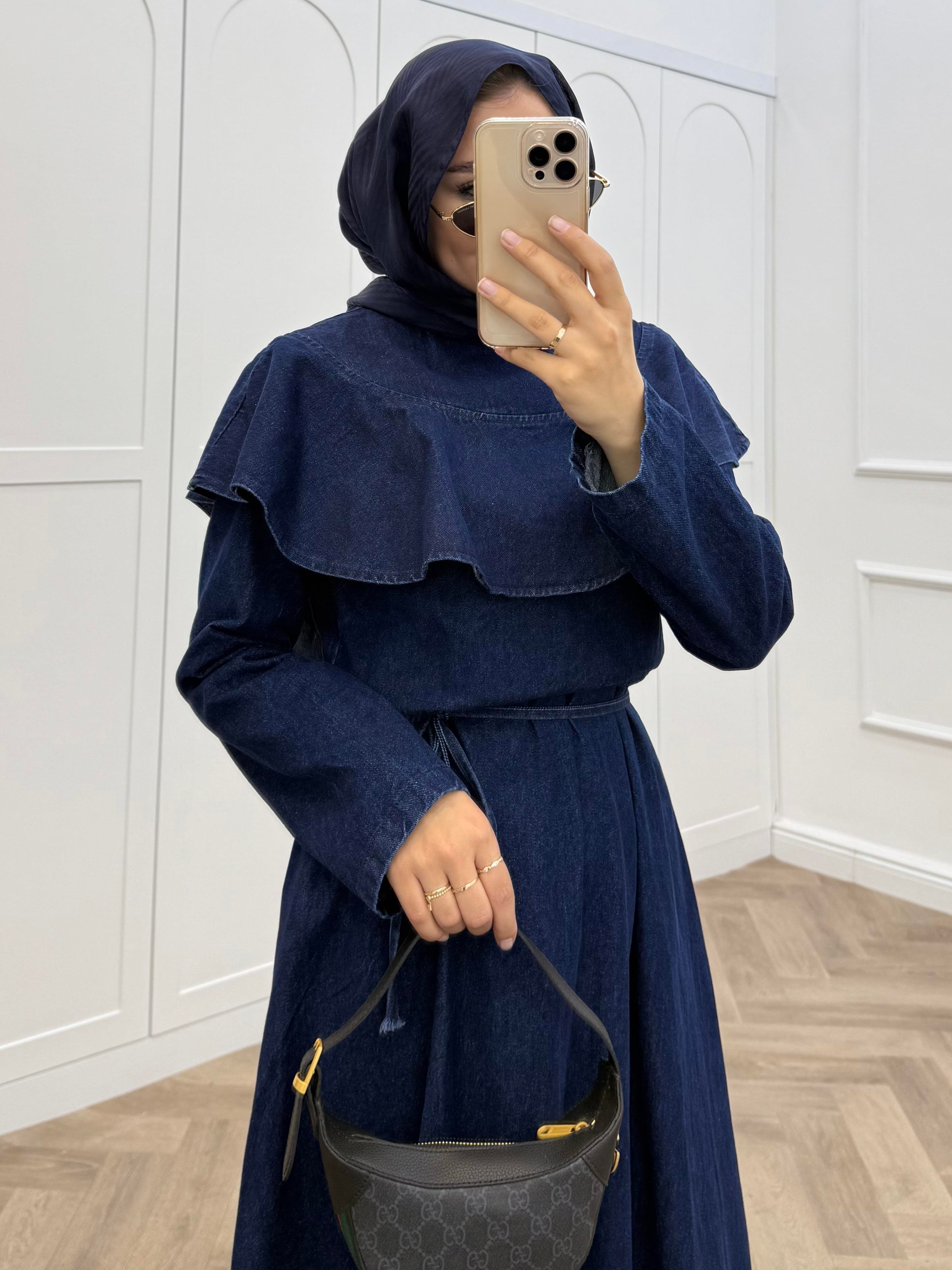 PELERİNLİ DENİM ELBİSE LACİVERT