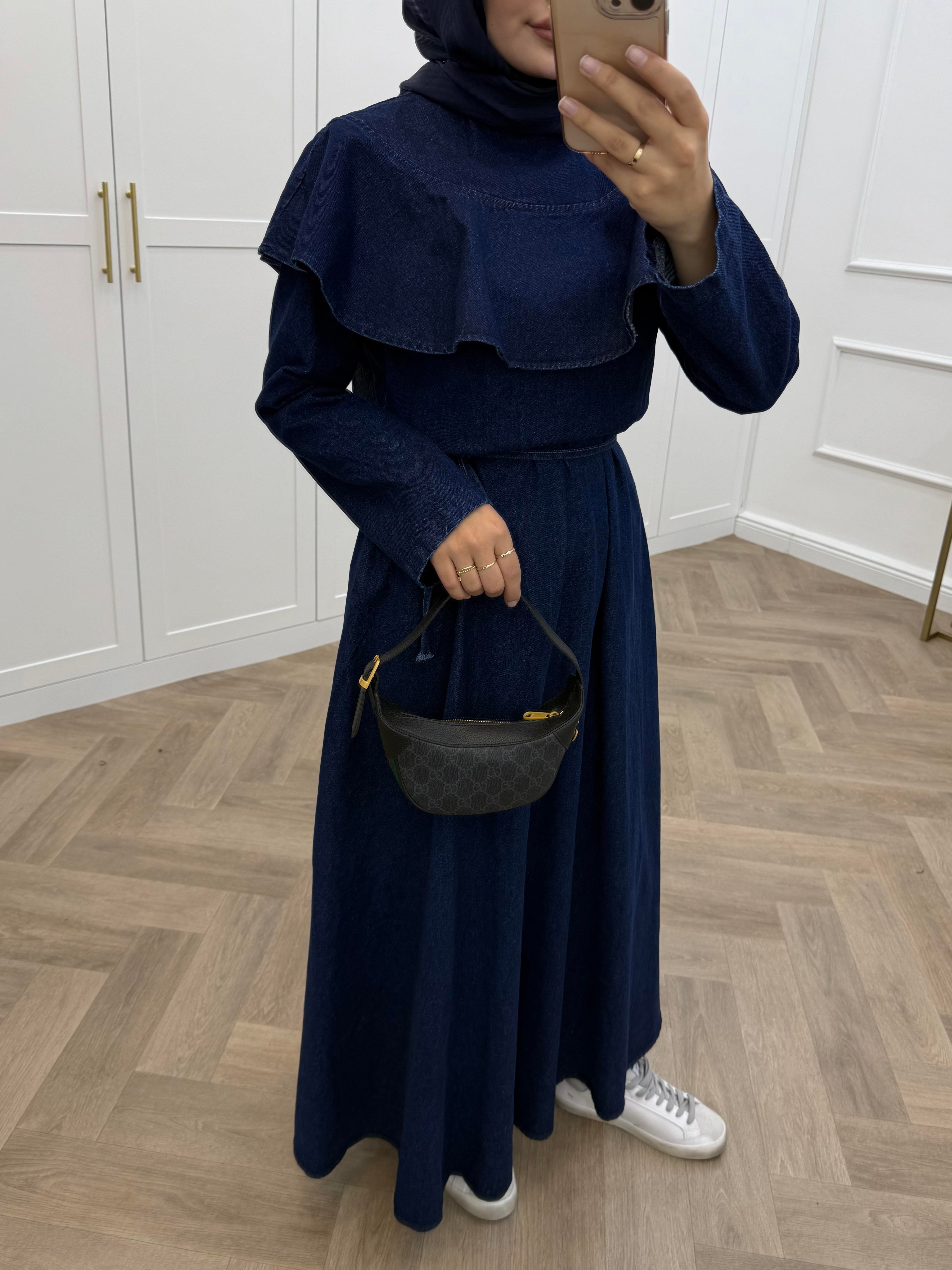 PELERİNLİ DENİM ELBİSE LACİVERT