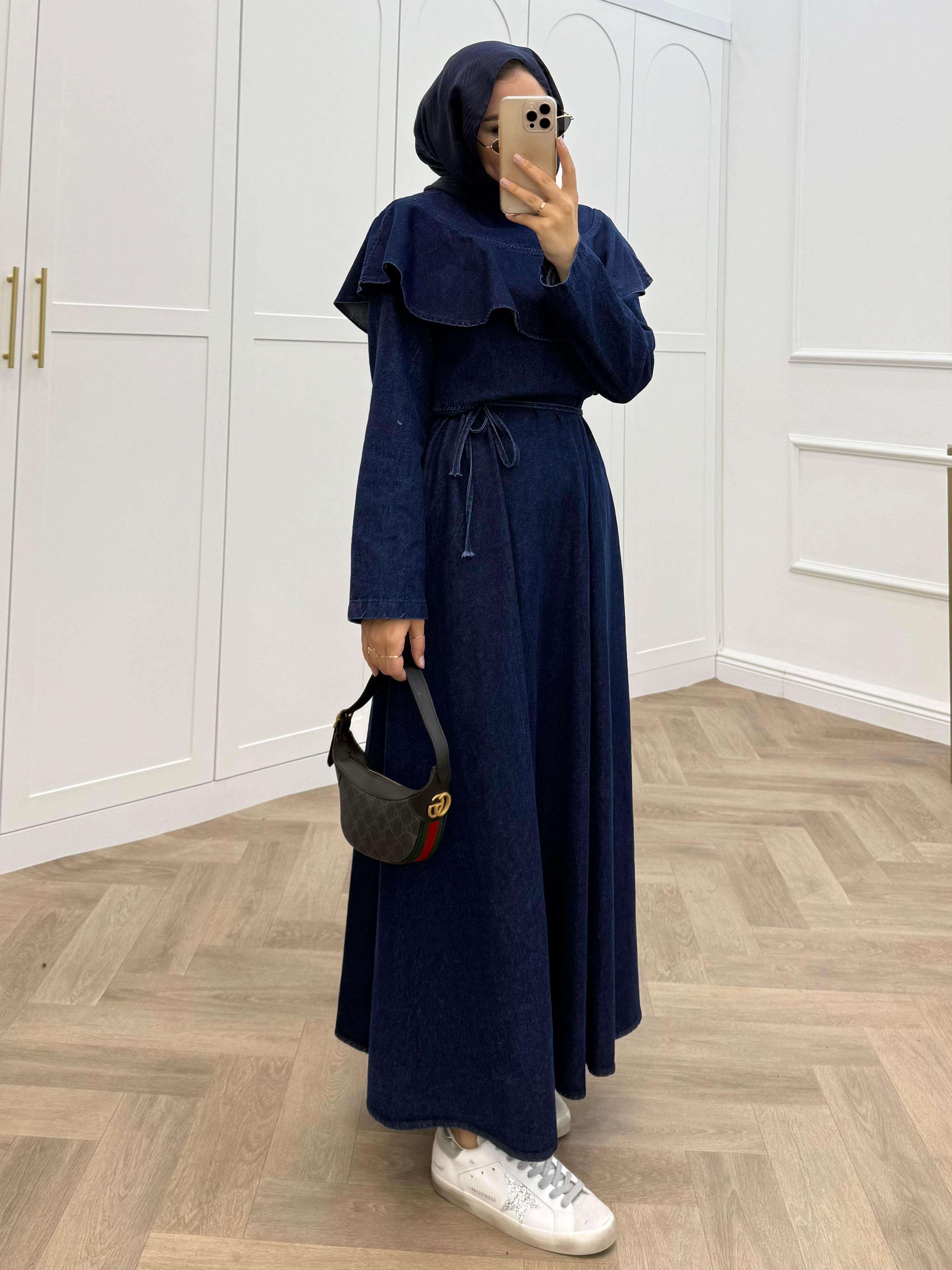 PELERİNLİ DENİM ELBİSE LACİVERT