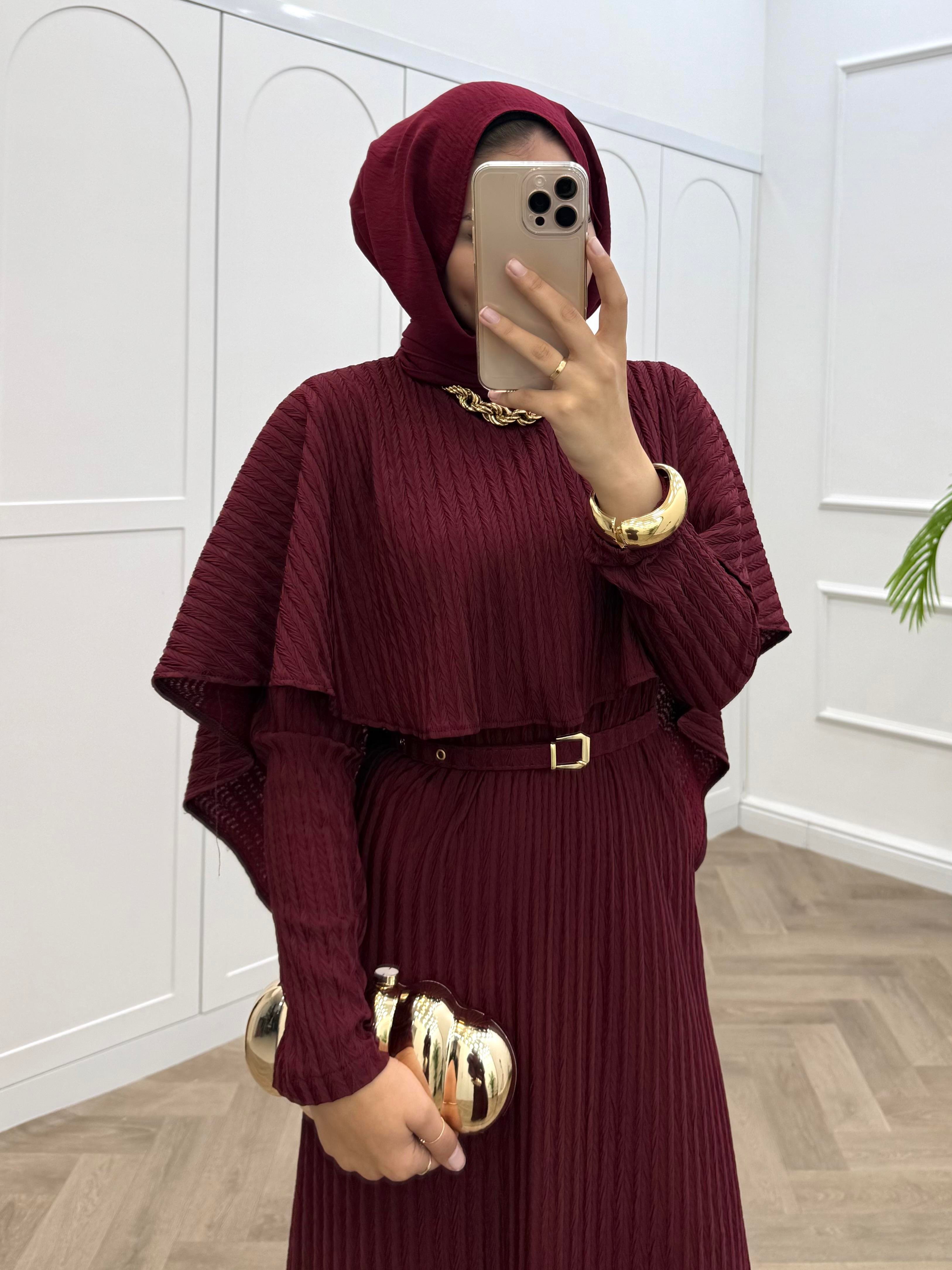 PELERİNLİ DİVA ELBİSE BORDO