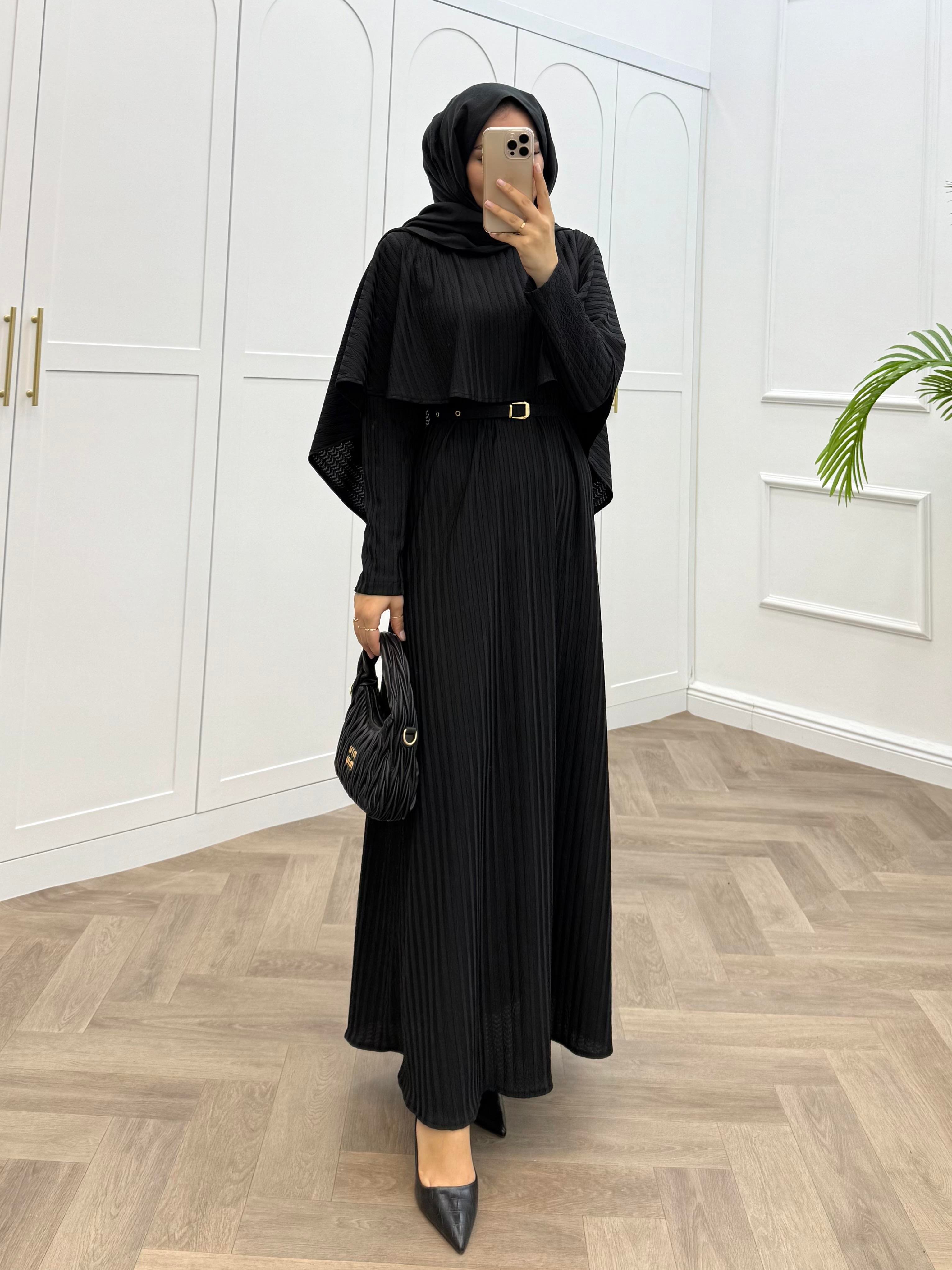 PELERİNLİ DİVA ELBİSE SİYAH