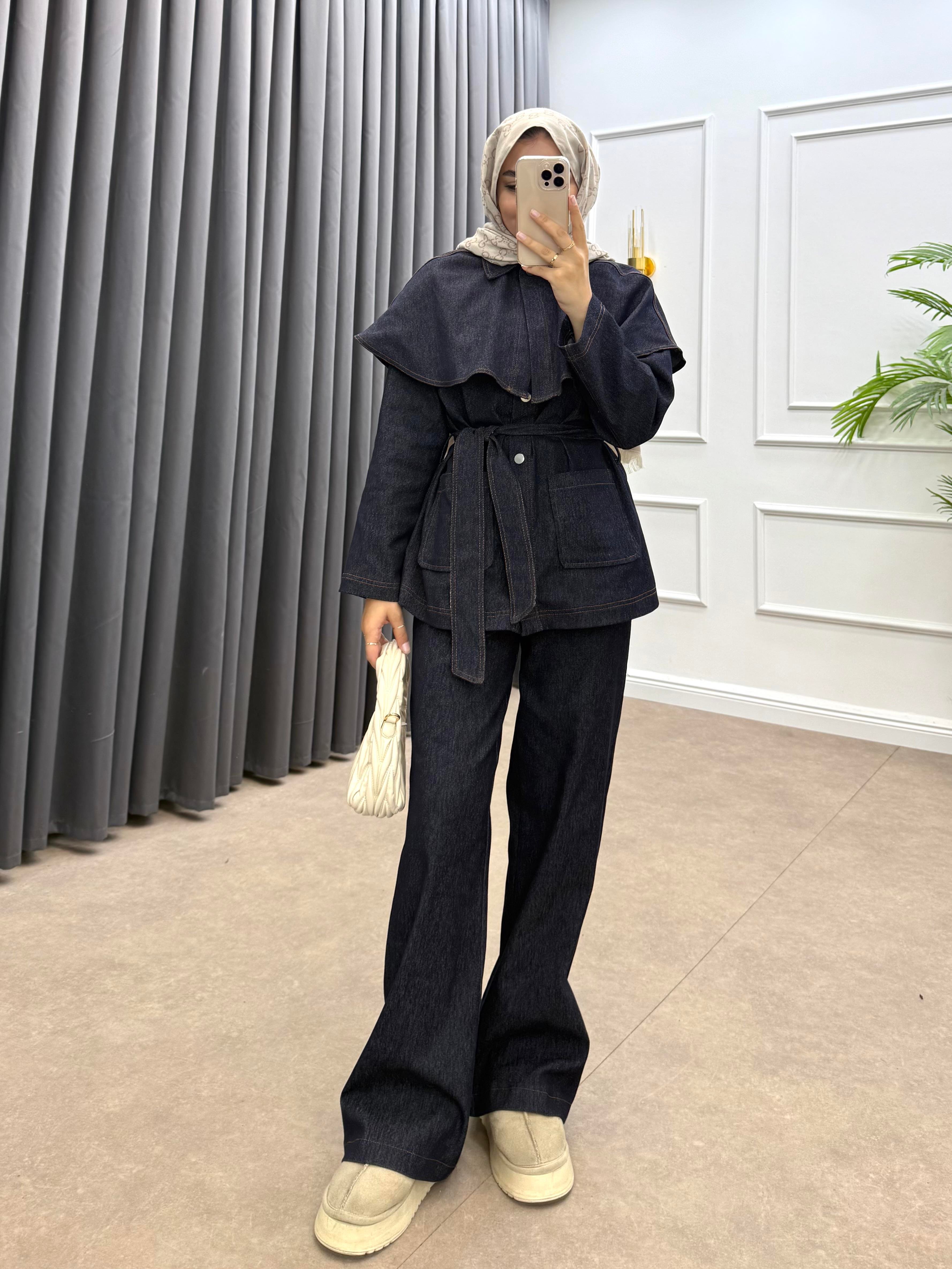 PELERİNLİ KOT TAKIM LACİVERT