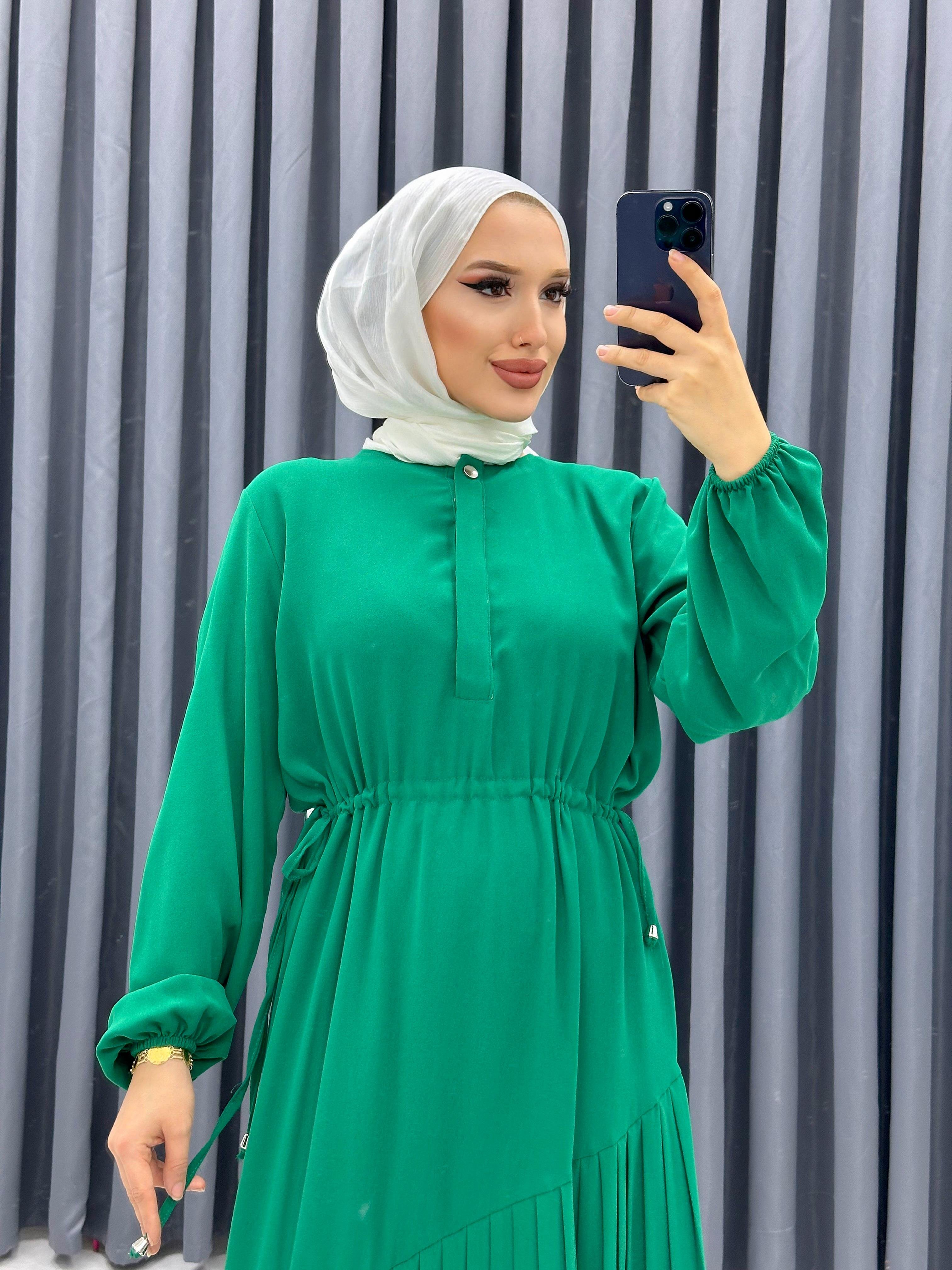 PLİSE DETAYLI ELBİSE YEŞİL