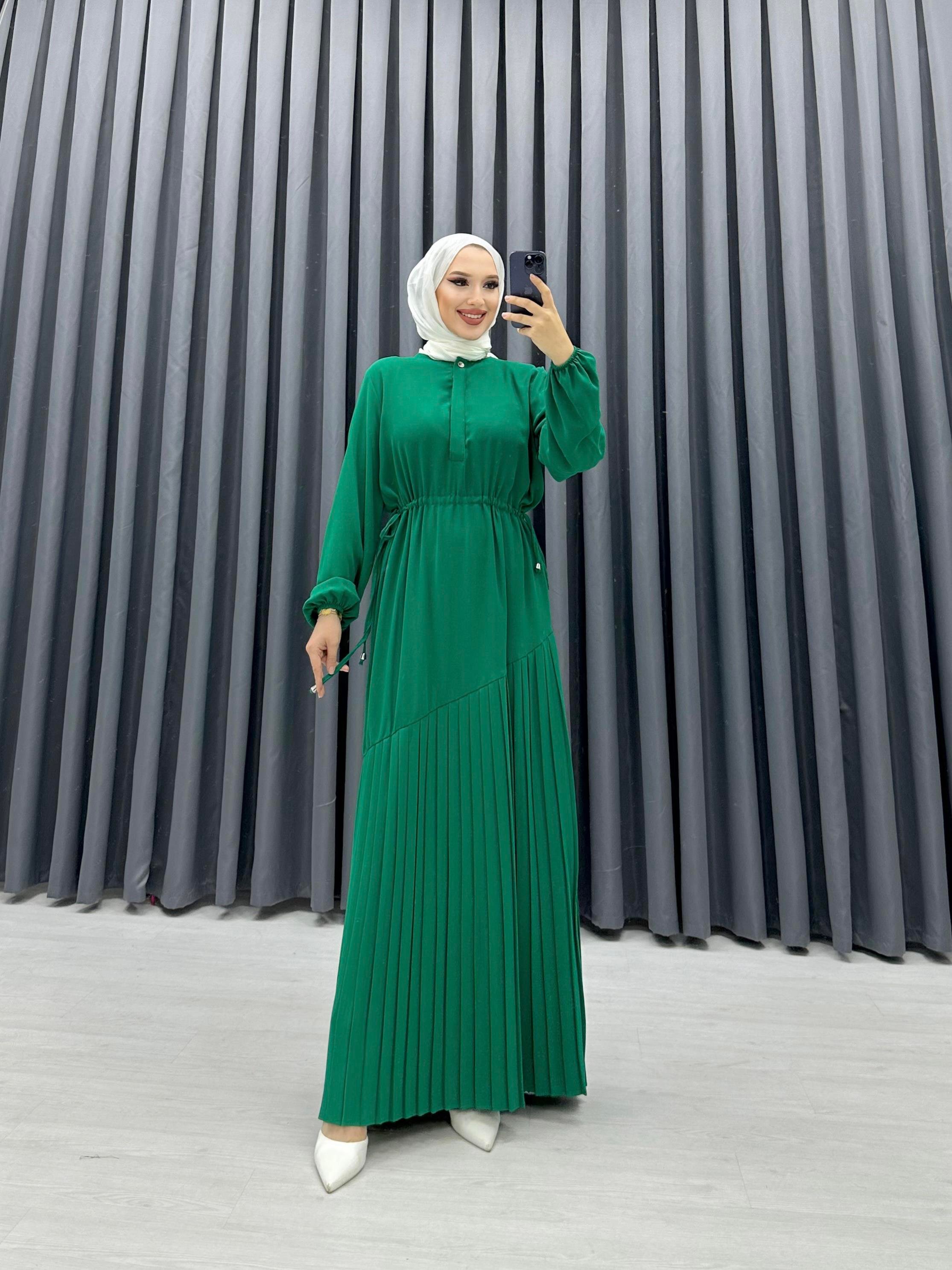 PLİSE DETAYLI ELBİSE YEŞİL