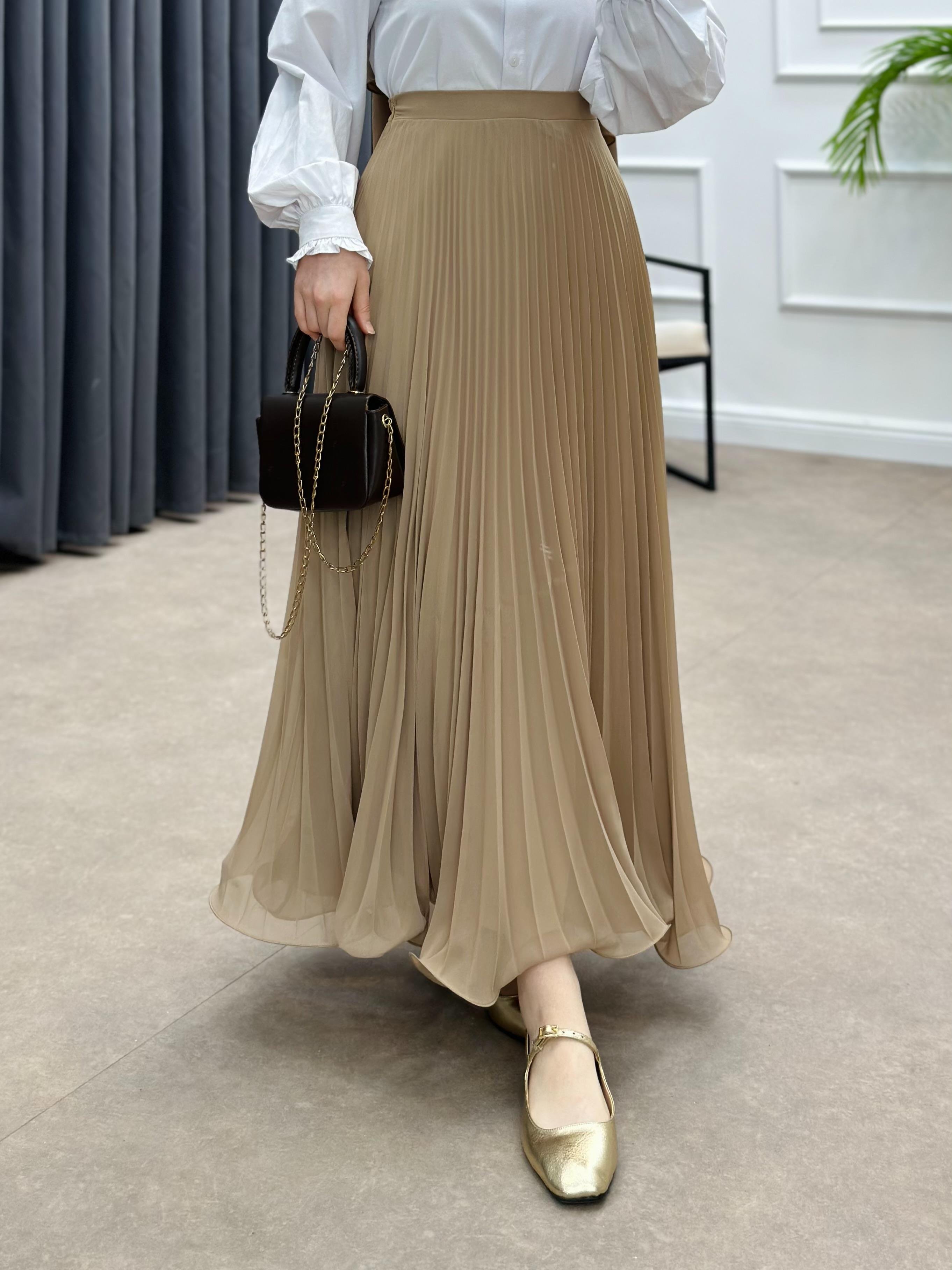 PLİSELİ ŞİFON ETEK  BEJ