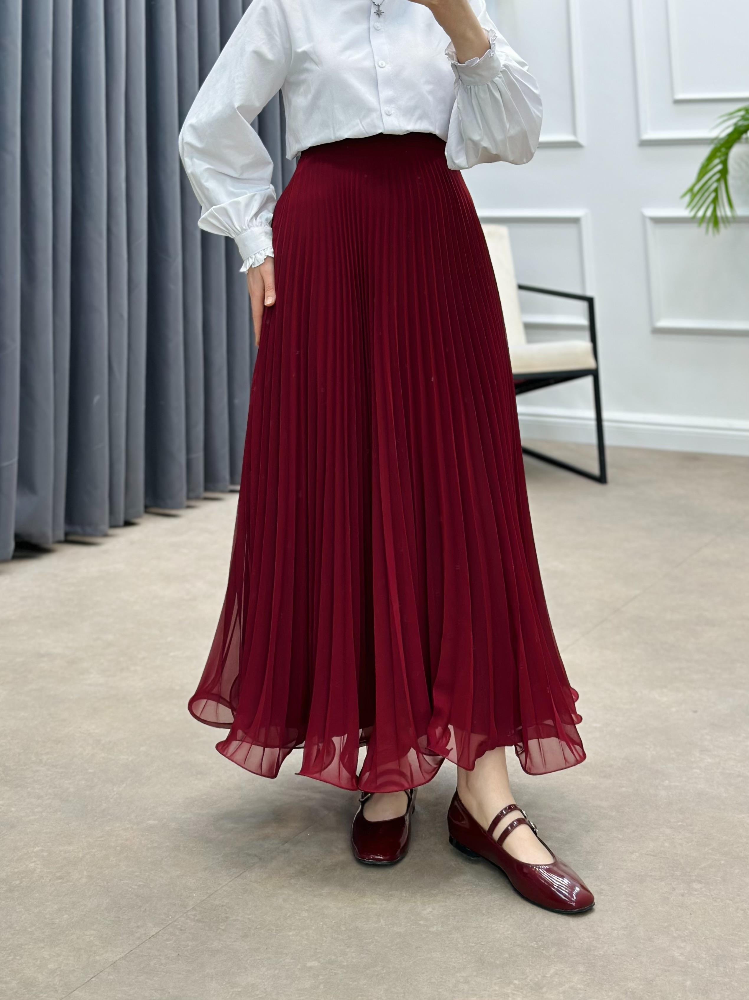 PLİSELİ ŞİFON ETEK BORDO