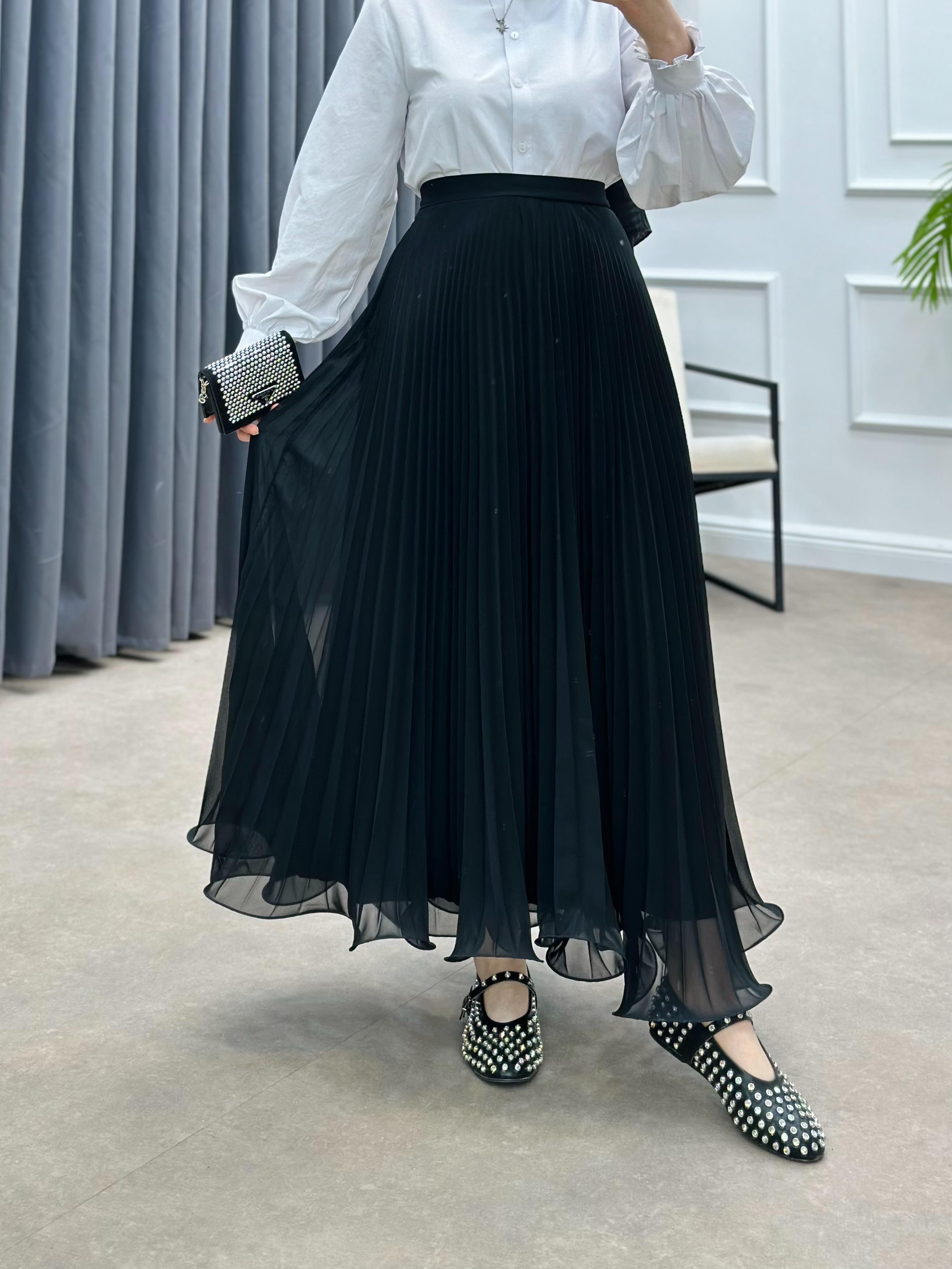 PLİSELİ ŞİFON ETEK SİYAH