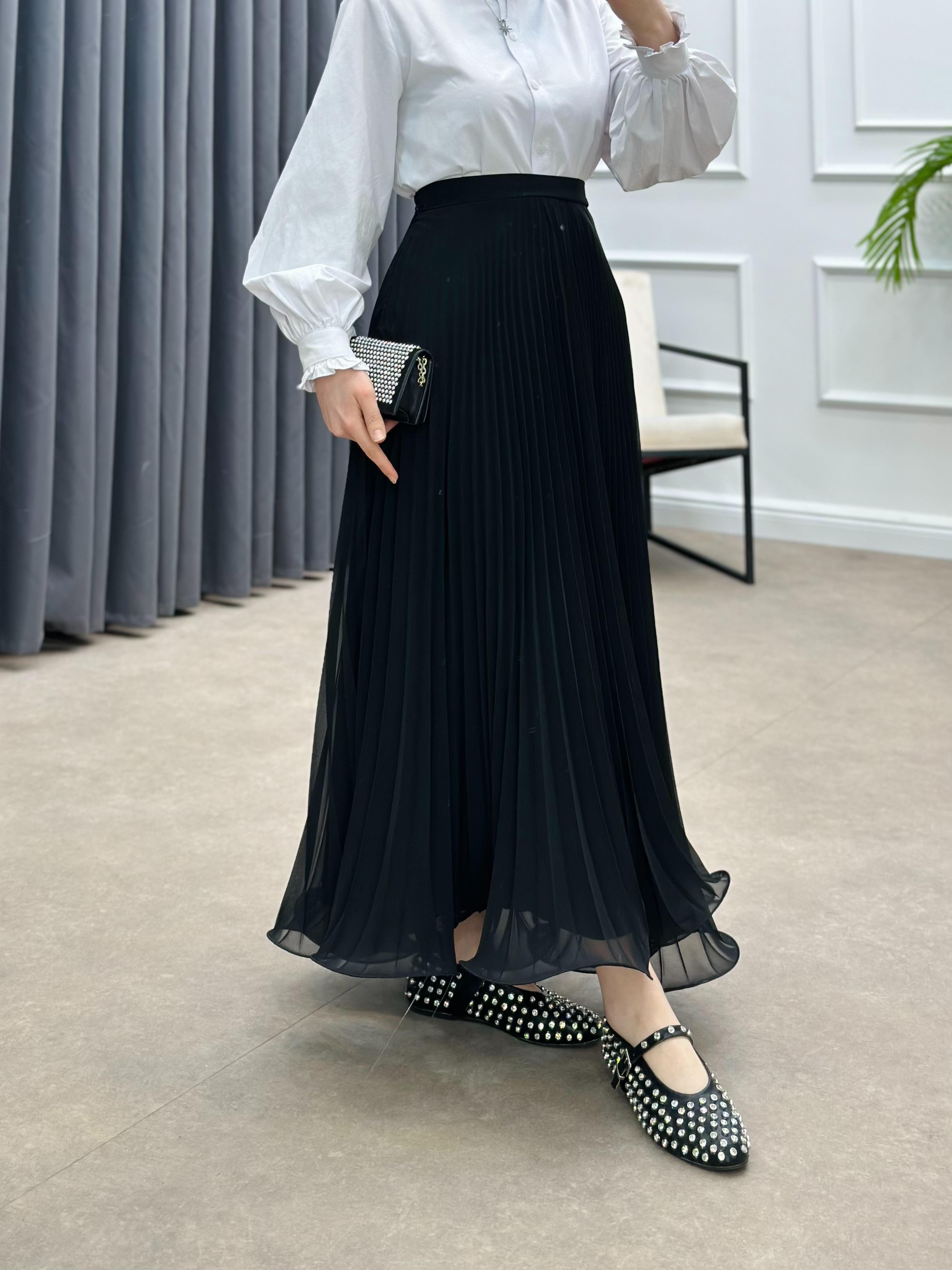 PLİSELİ ŞİFON ETEK SİYAH