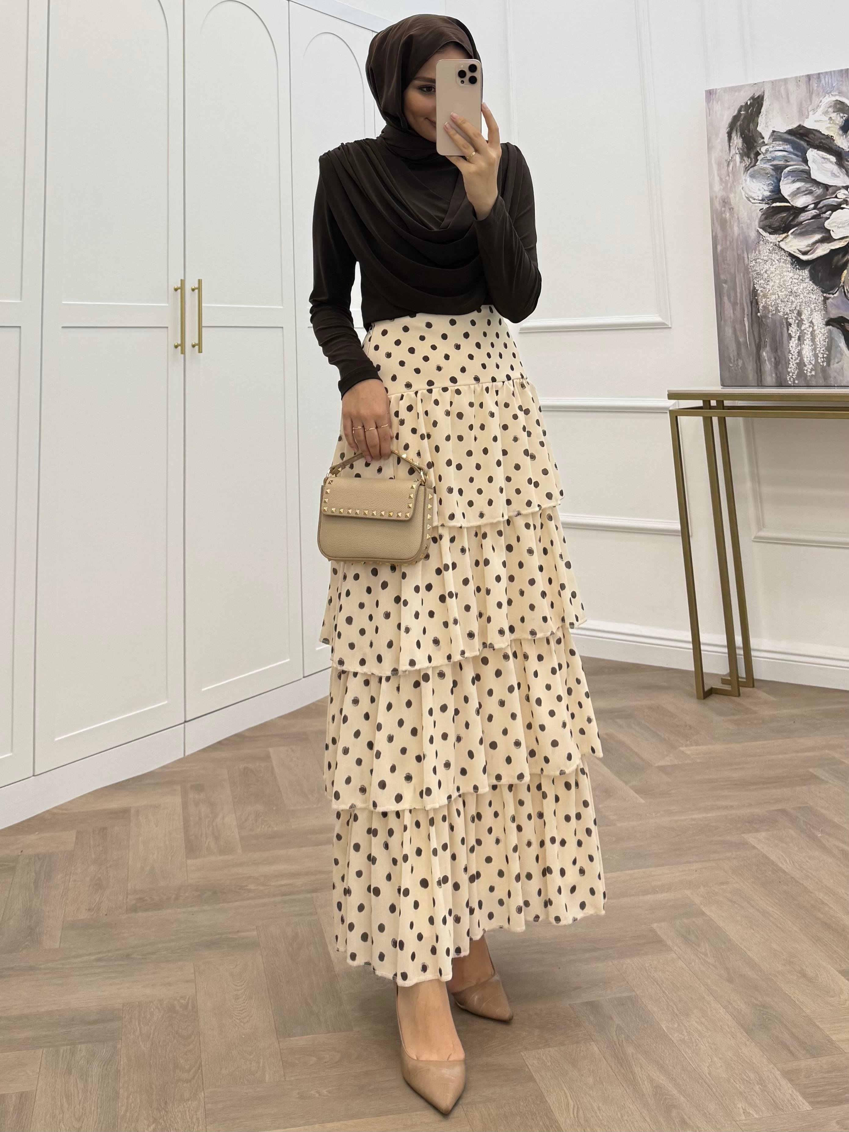 PUANTİYELİ KATLI ŞİFON ETEK BEJ