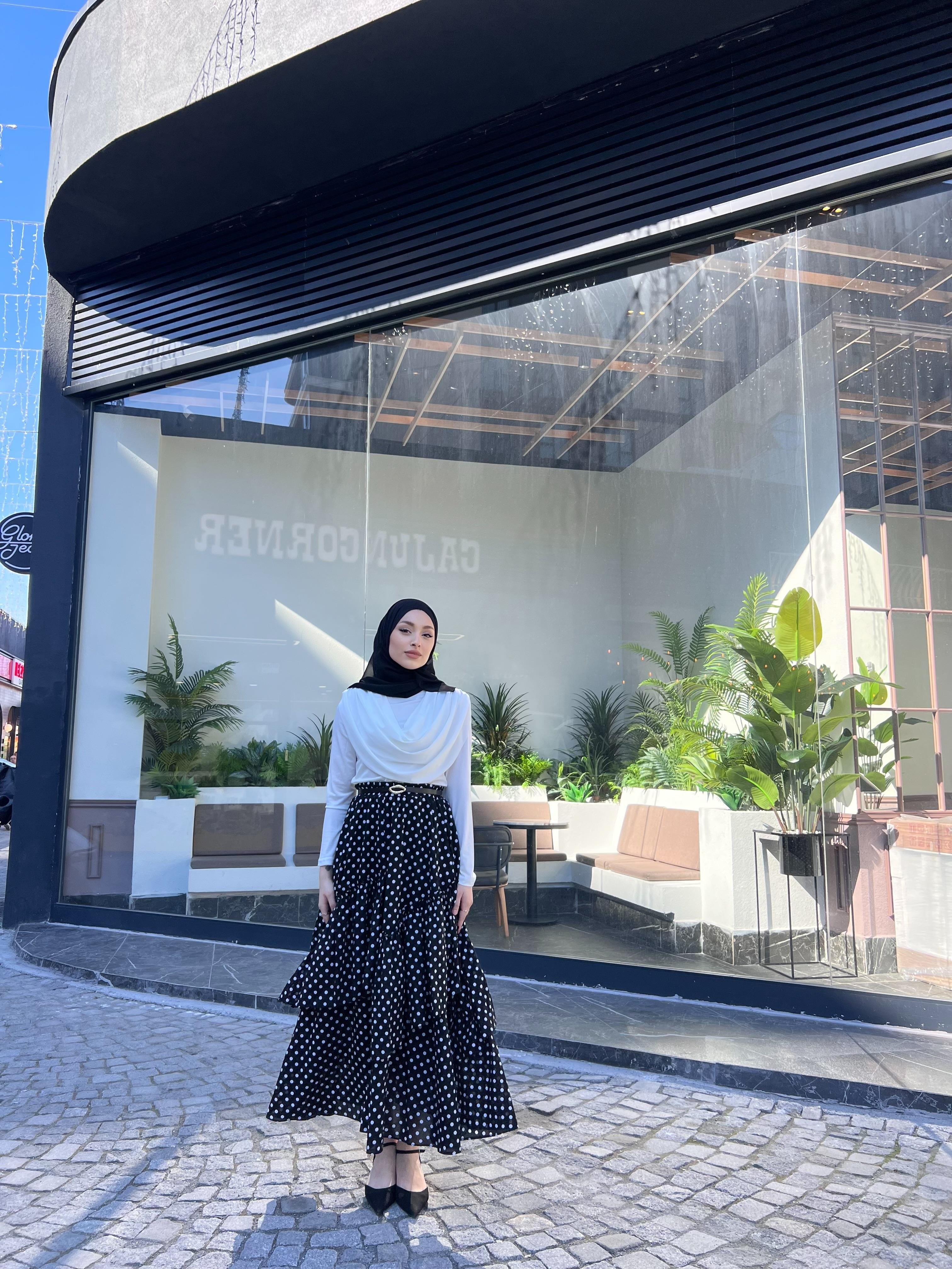 PUANTİYELİ POPLİN ETEK SİYAH