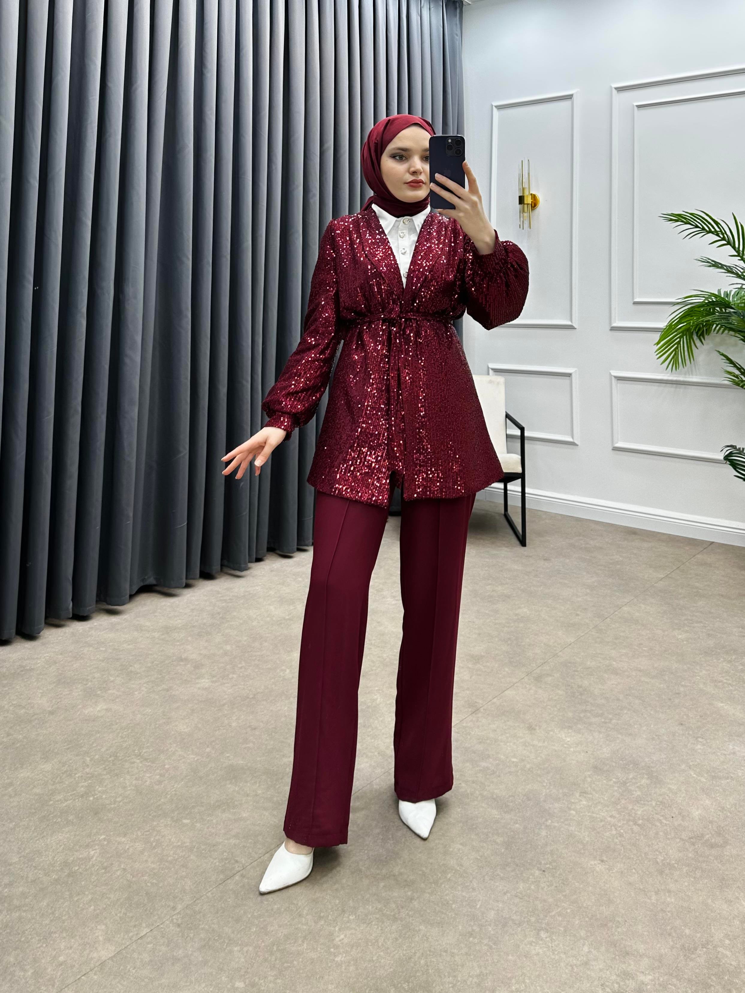 PUL PAYET CEKETLİ TAKIM BORDO