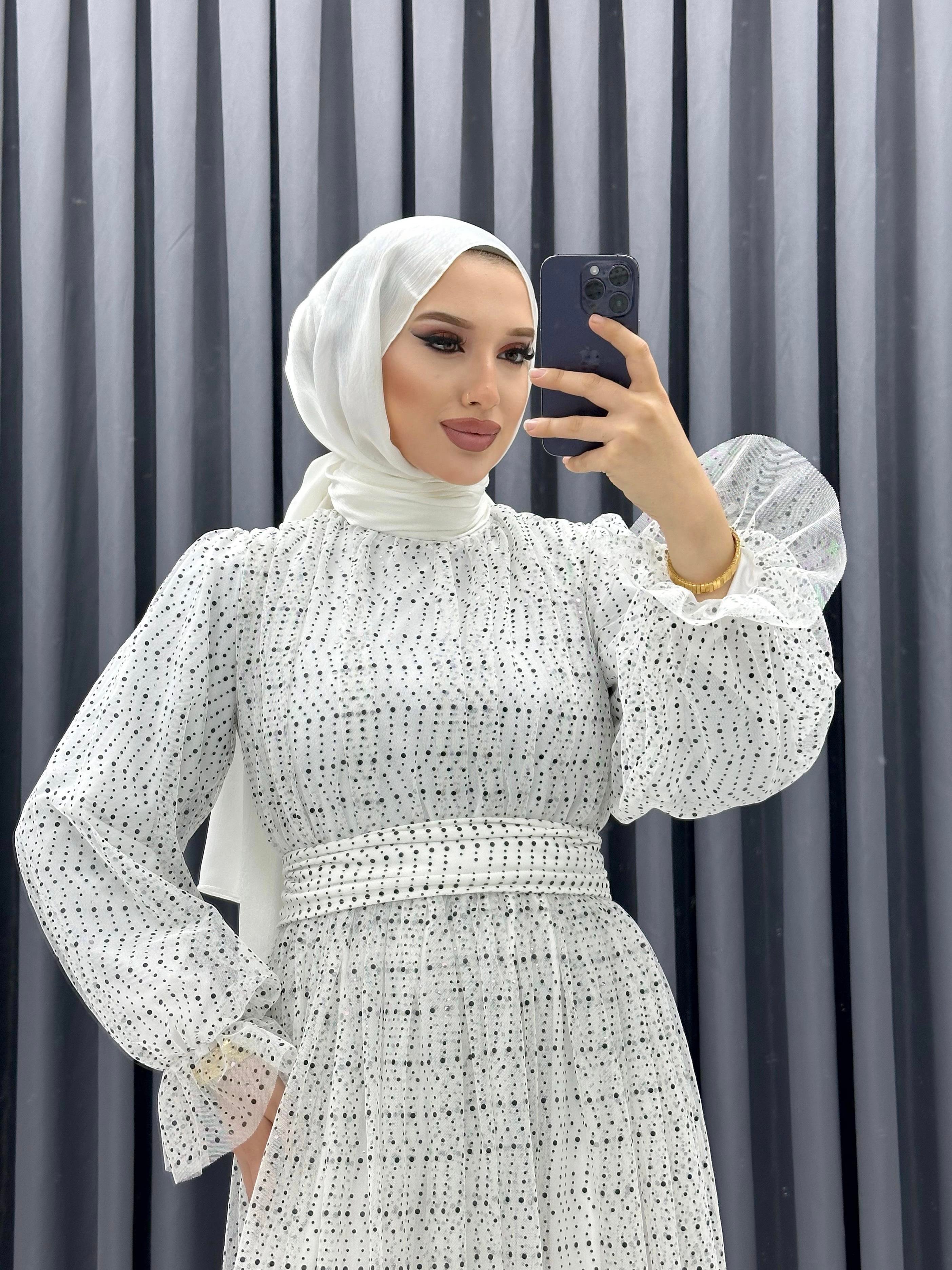 PUL PAYET DESENLİ TÜL ELBİSE BEYAZ