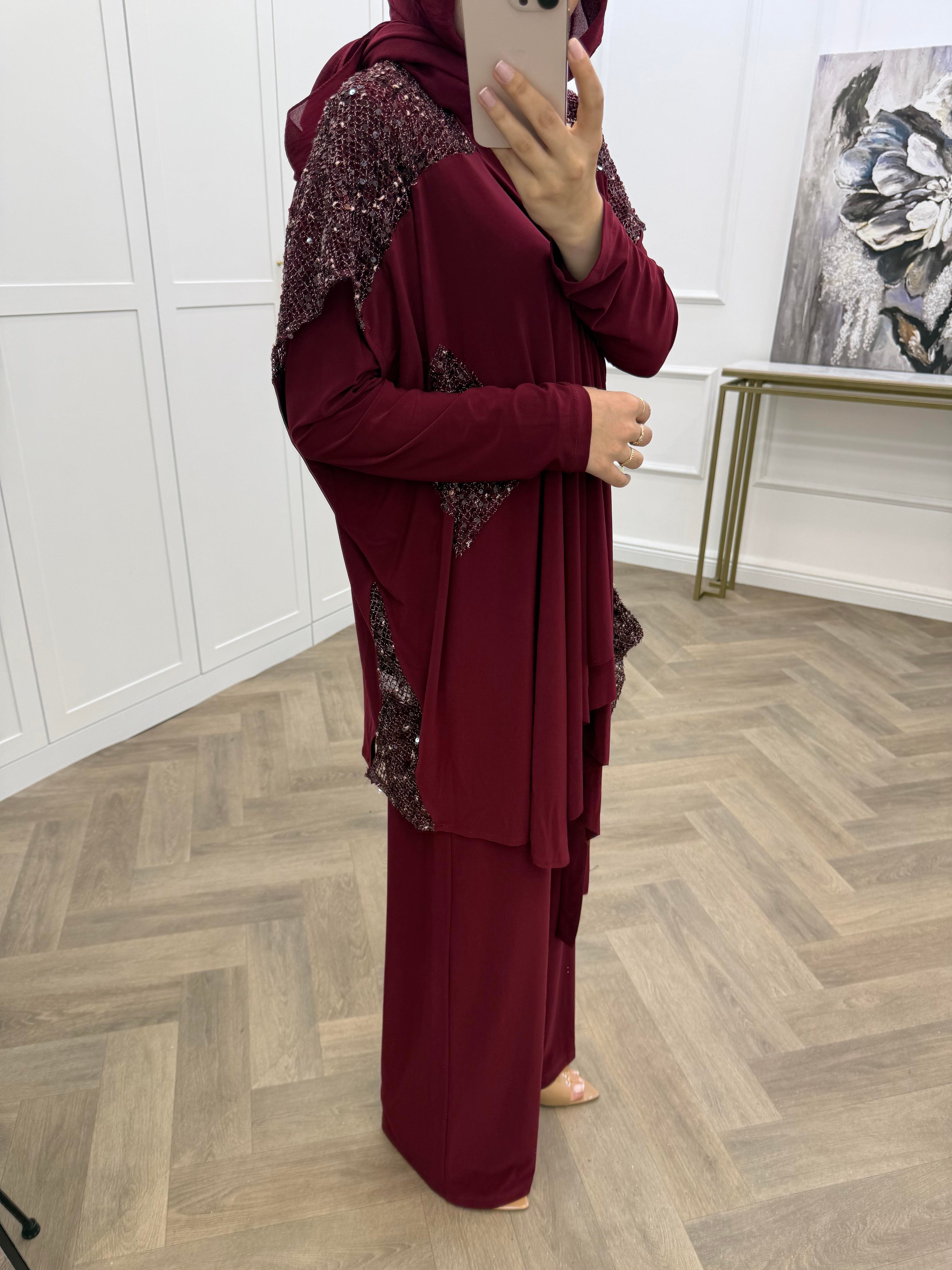 PUL PAYETLİ YELEKLİ PANTOLONLU TAKIM  BORDO