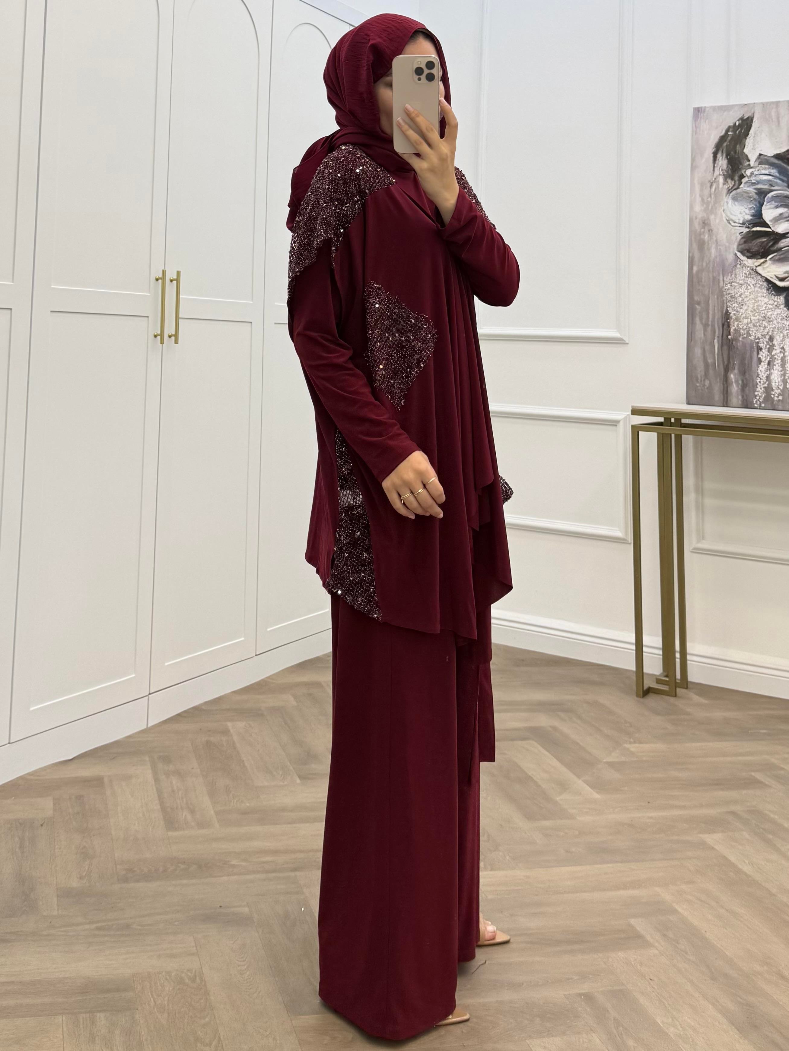 PUL PAYETLİ YELEKLİ PANTOLONLU TAKIM  BORDO