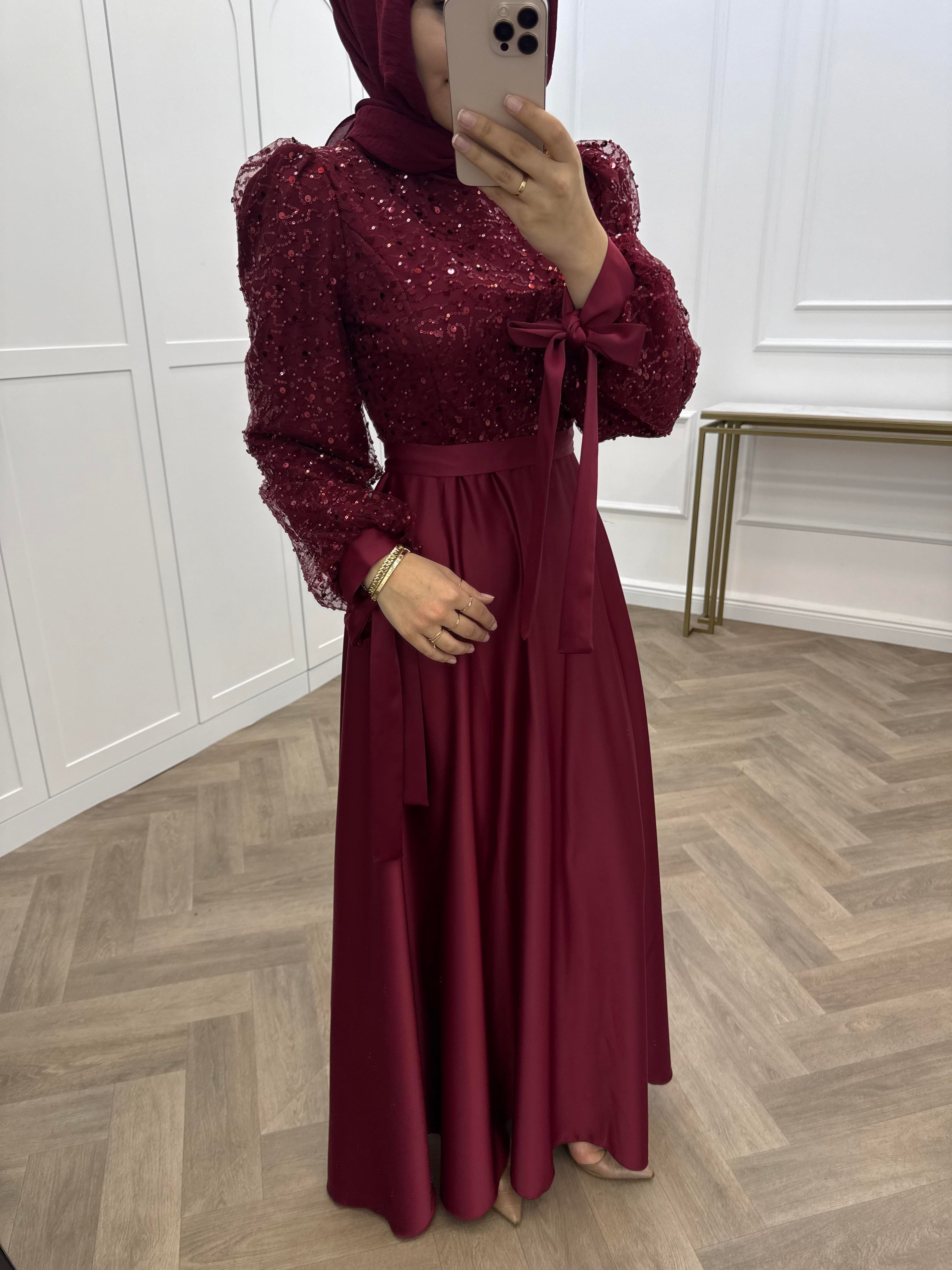 PULLU SATEN ABİYE ELBİSE BORDO