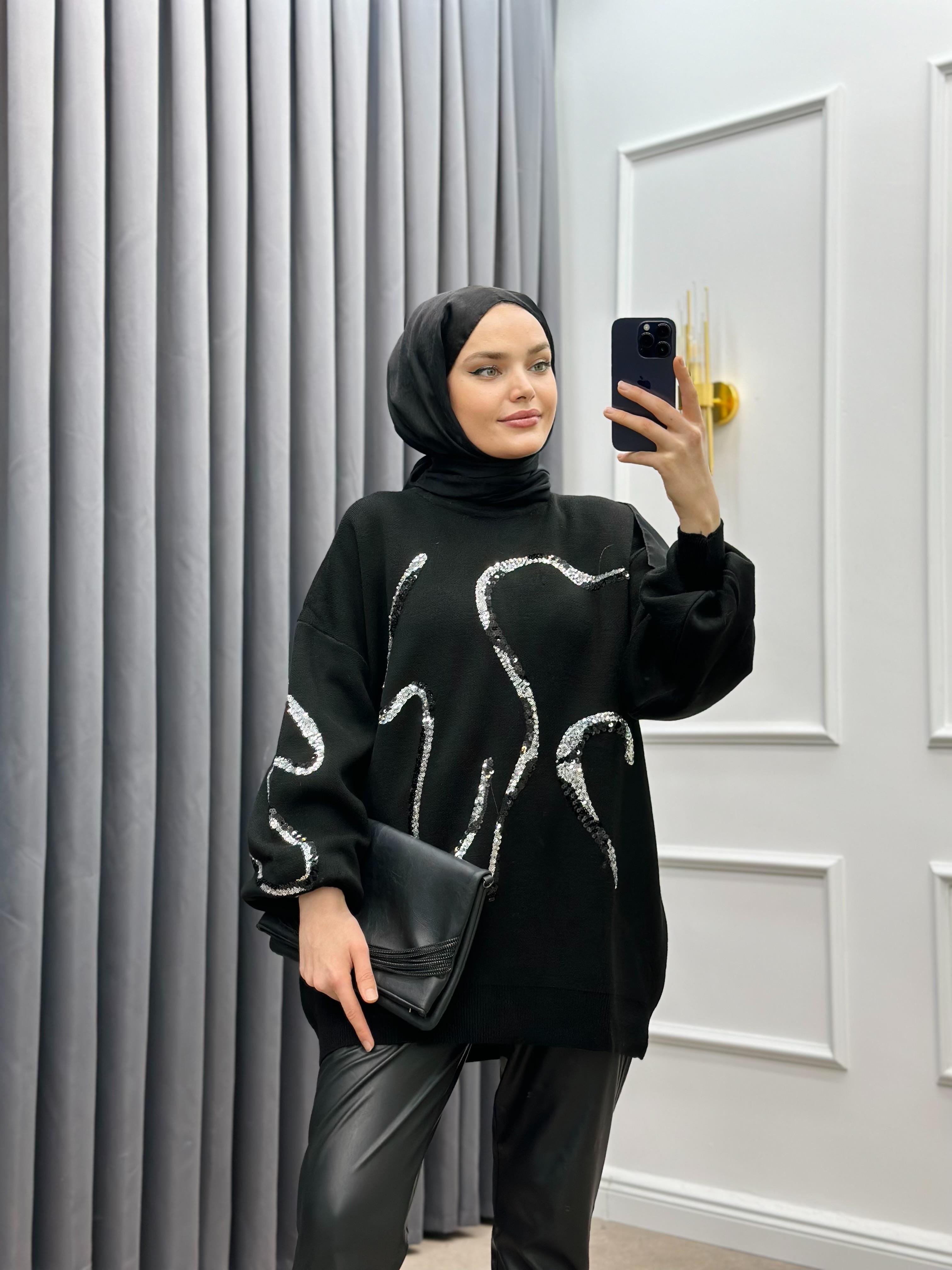 PULLU TRİKO KAZAK SİYAH