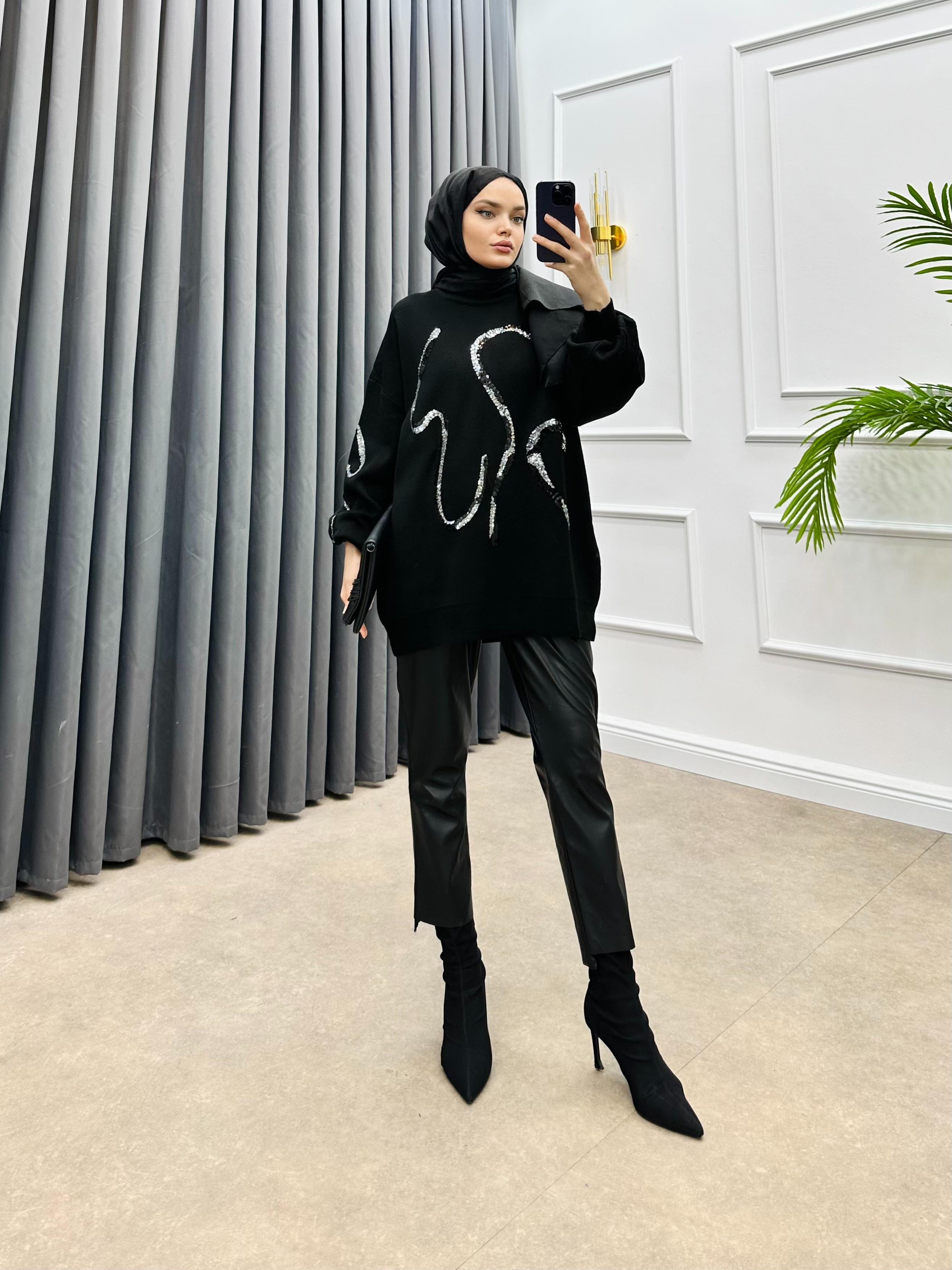 PULLU TRİKO KAZAK SİYAH