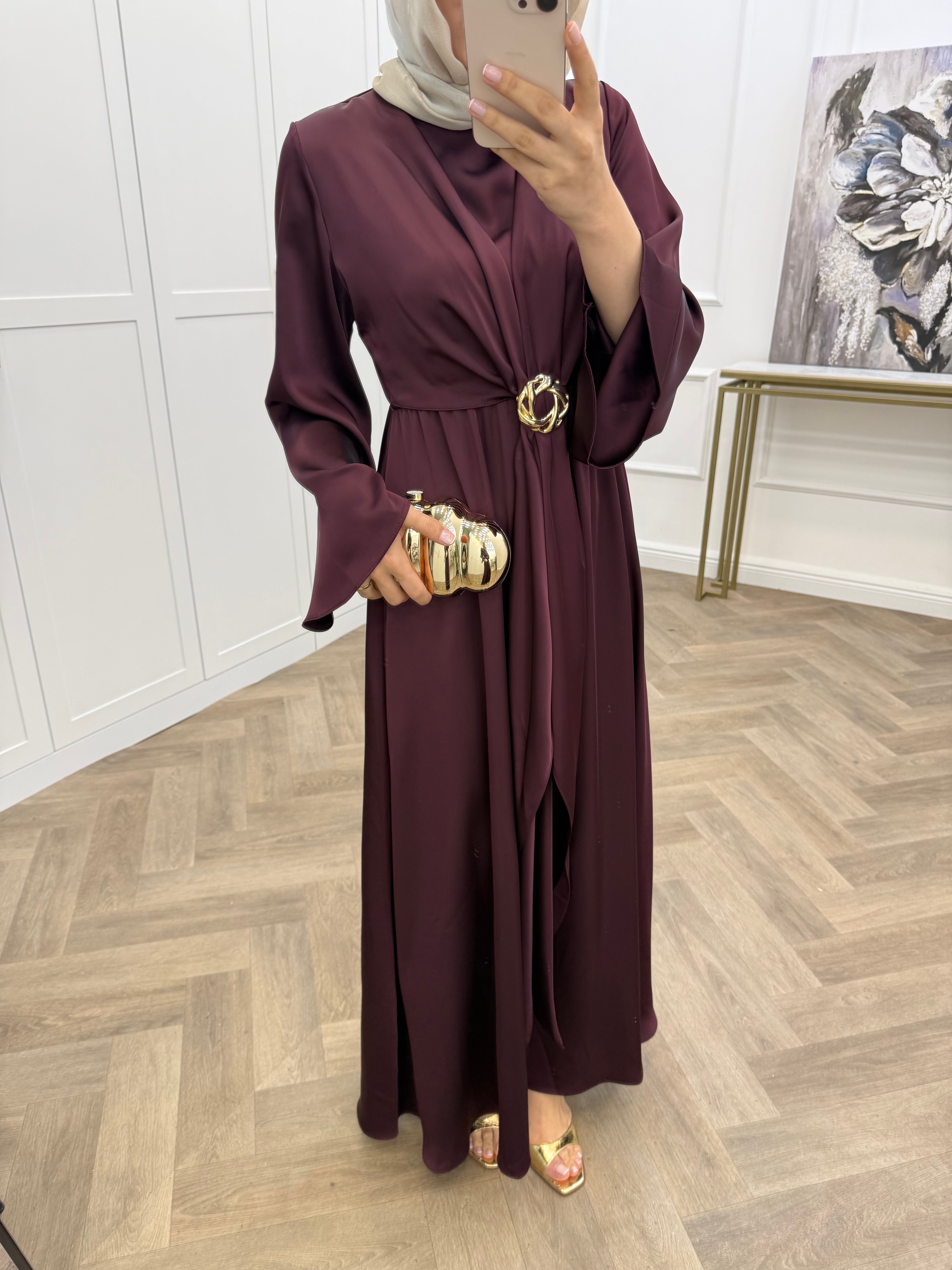 RABİ GOLD TOKALI SATEN ELBİSE BORDO