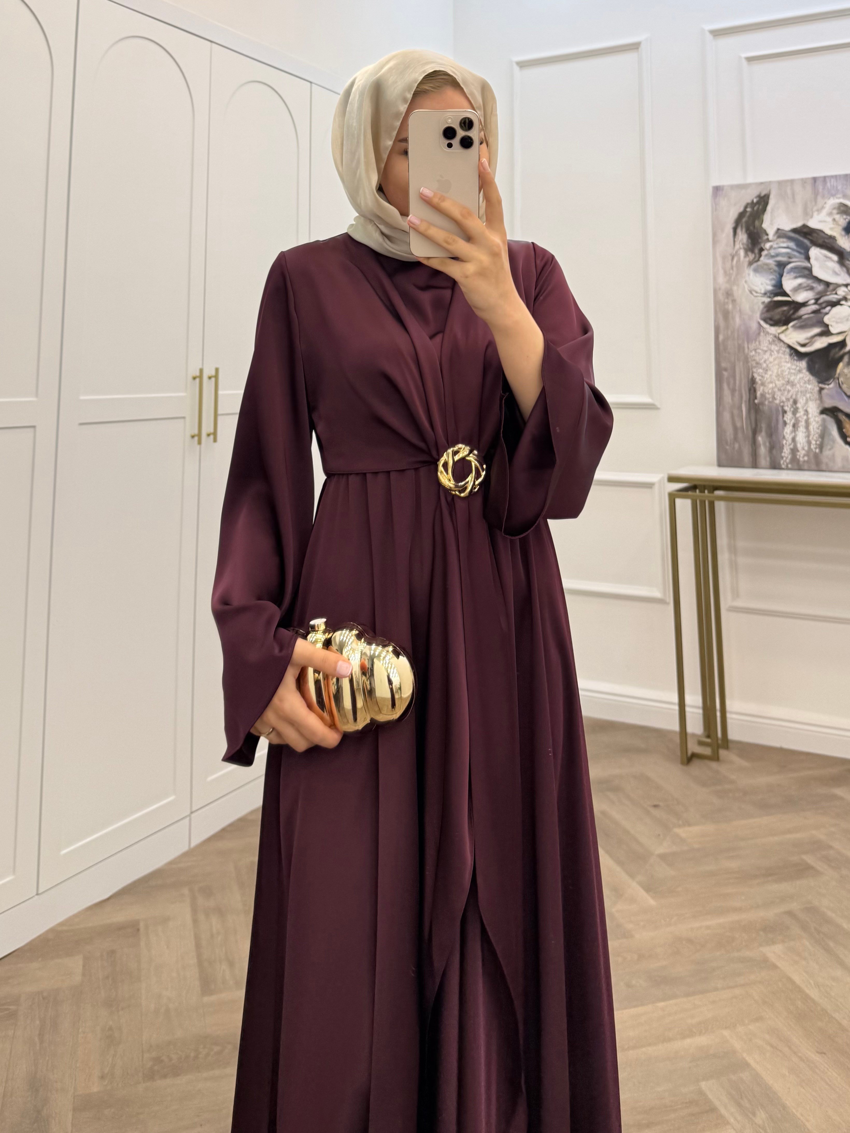 RABİ GOLD TOKALI SATEN ELBİSE BORDO