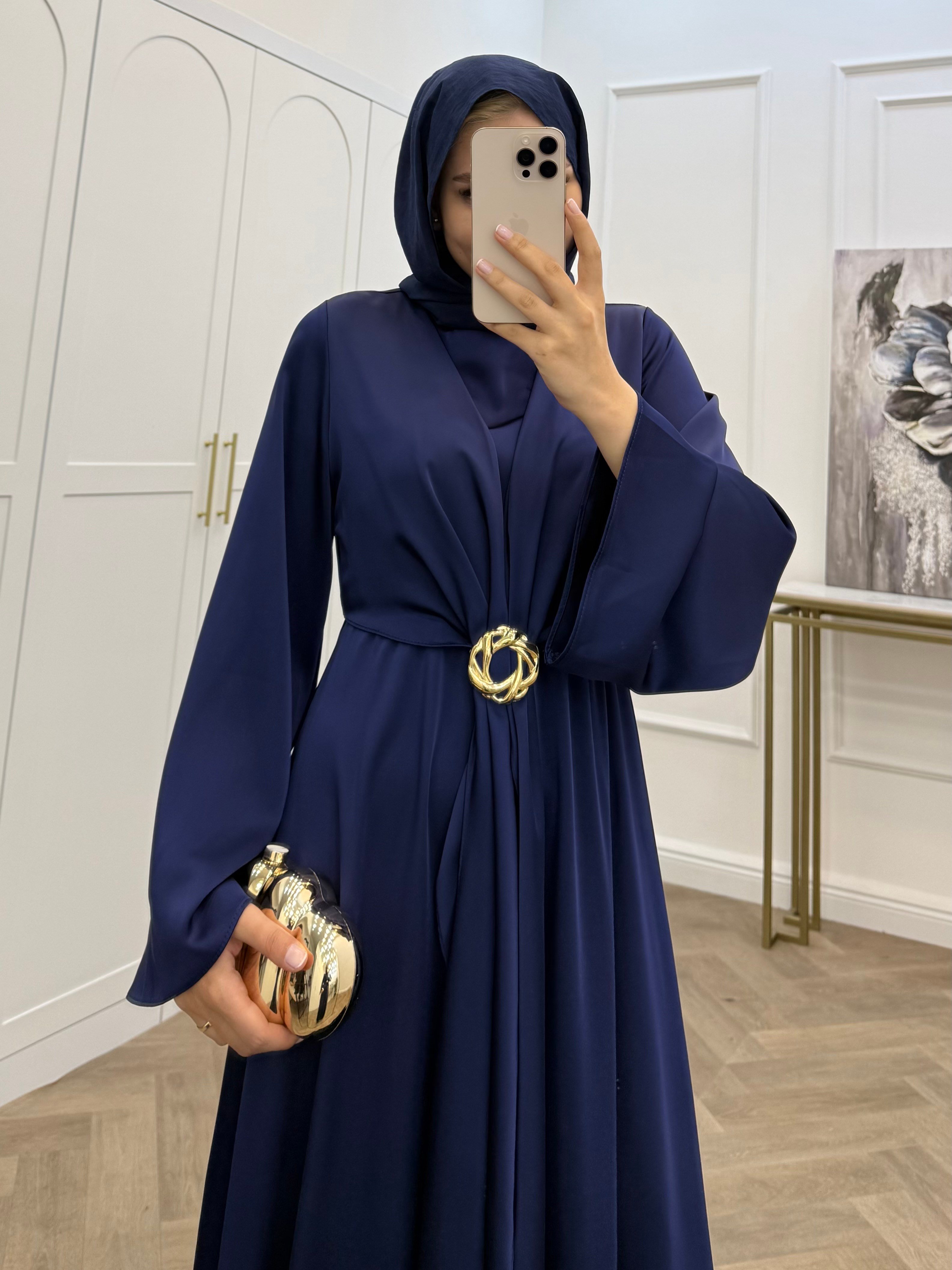 RABİ GOLD TOKALI SATEN ELBİSE LACİVERT
