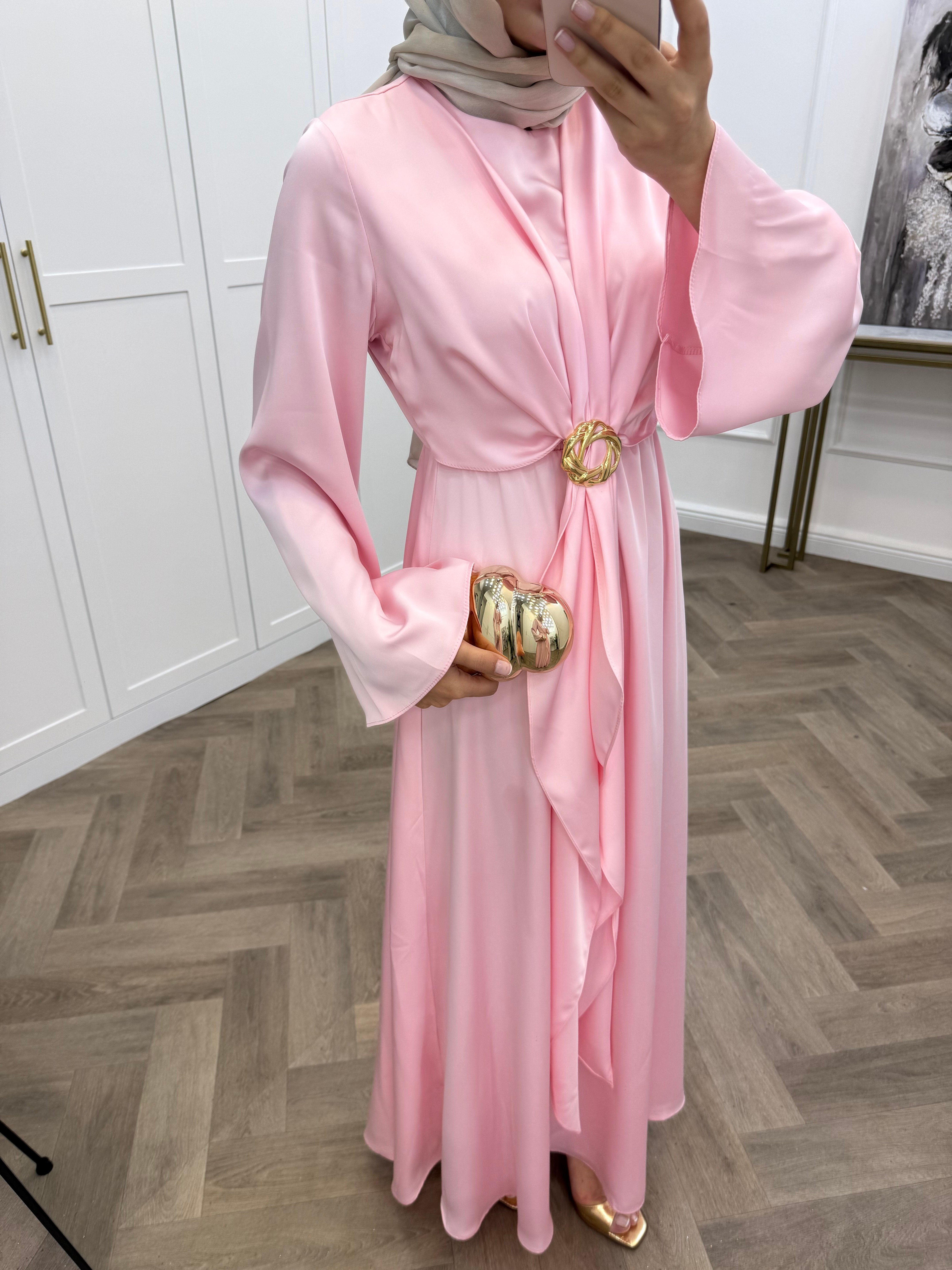 RABİ GOLD TOKALI SATEN ELBİSE PEMBE
