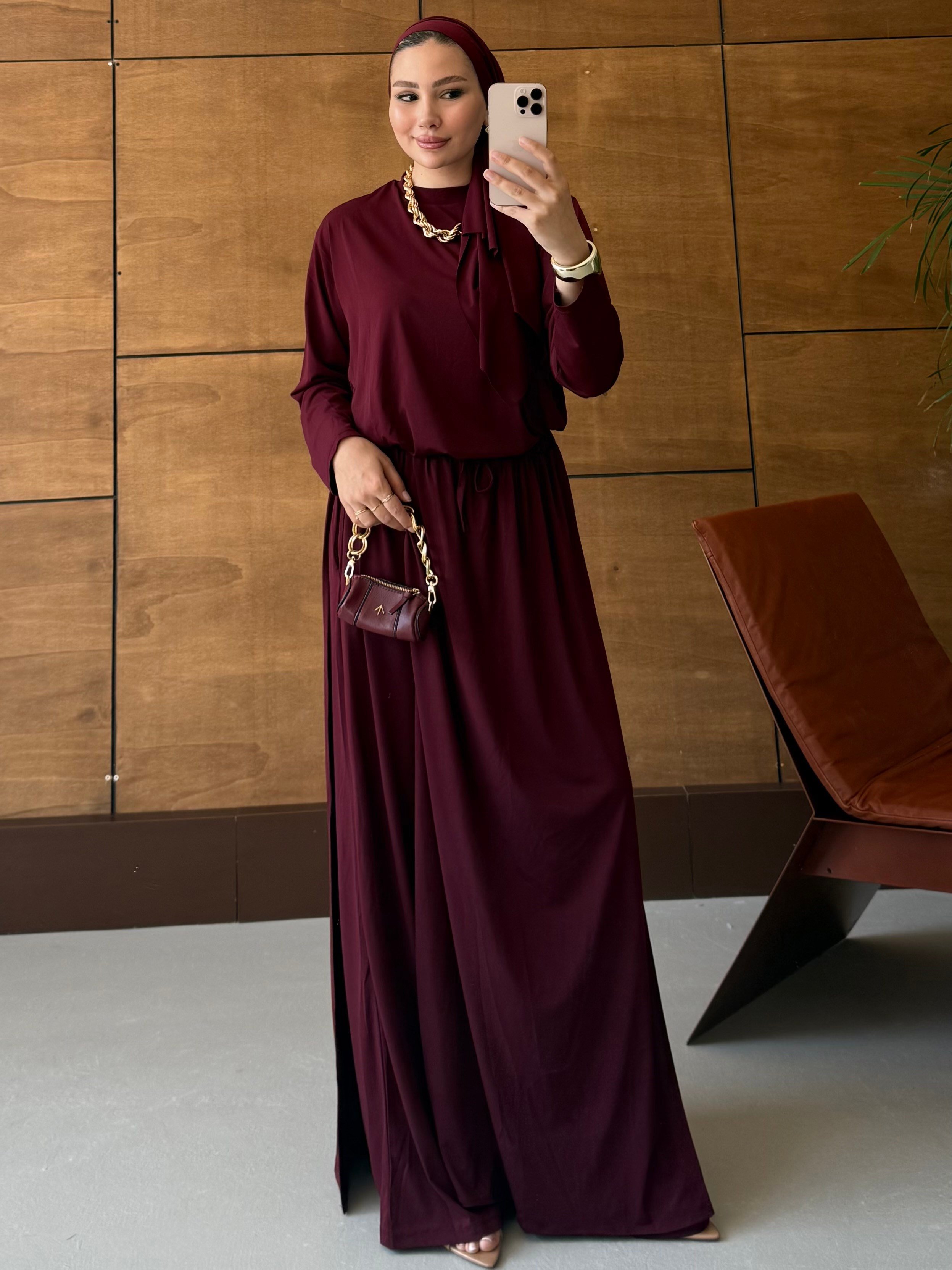 ŞAL DAHİL PANTOLON ETEKLİ TAKIM BORDO