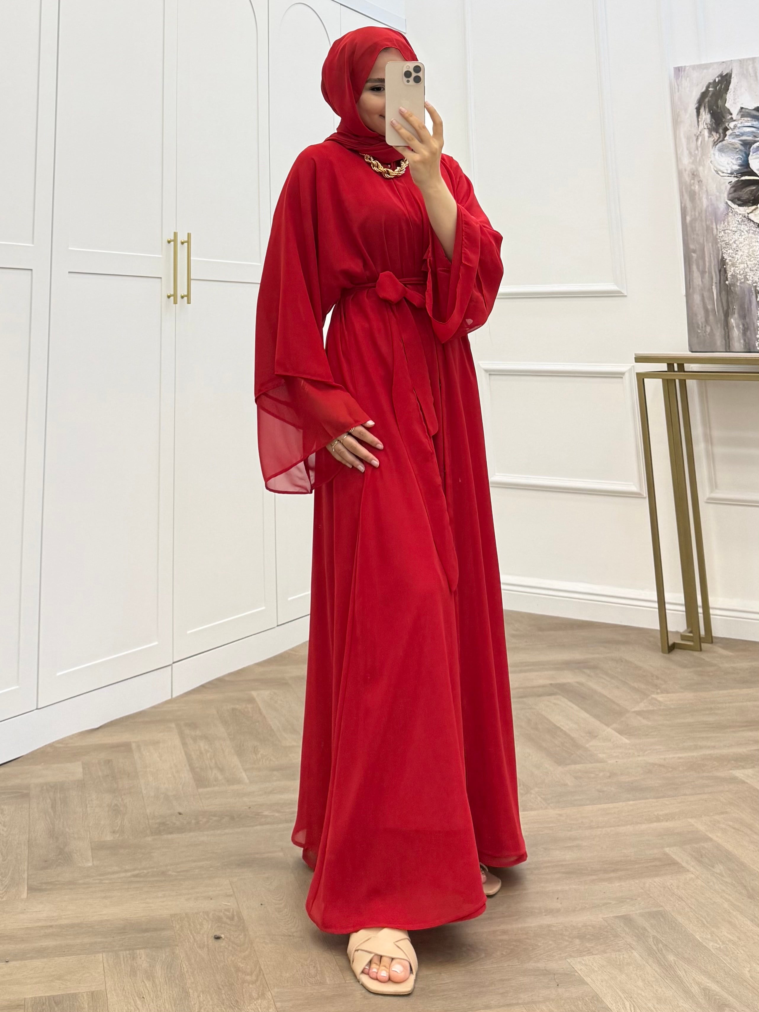 ŞAL DAHİL ŞİFON ABAYA KIRMIZI