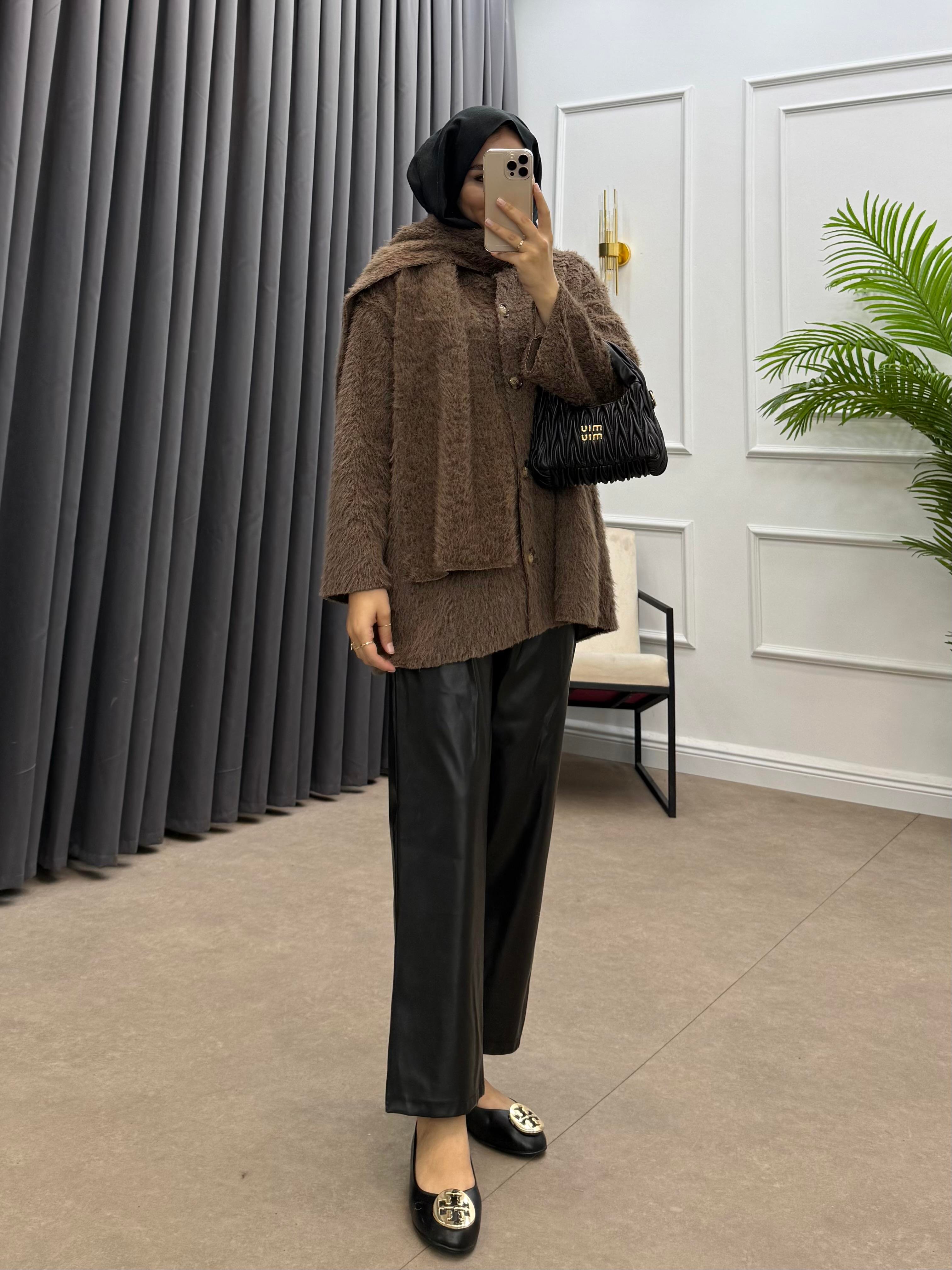 ŞAL DETAY KAŞE CEKET KAHVE