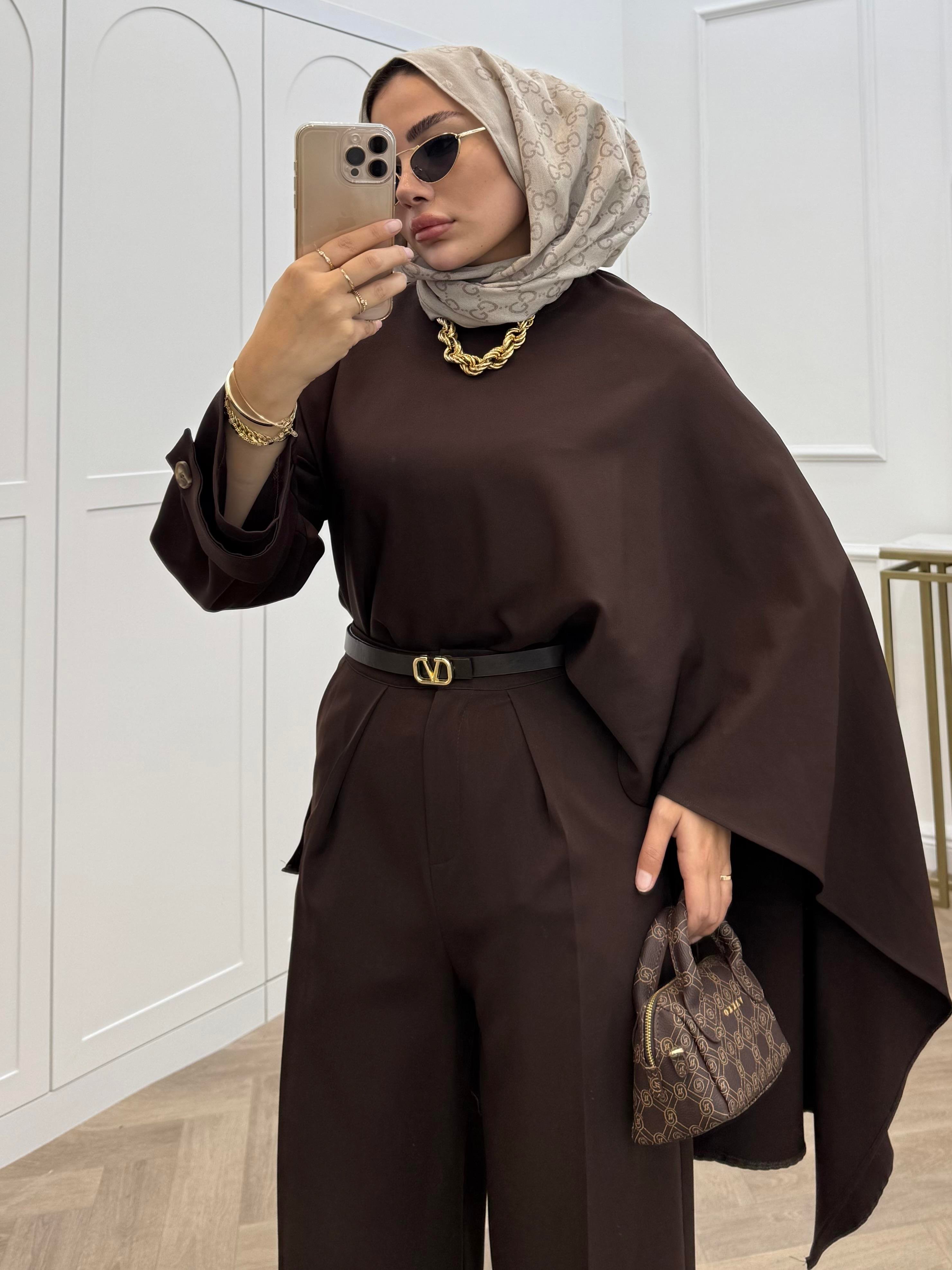 ŞAL DETAY KOL APOLETLİ PANTOLONLU TAKIM  KAHVE