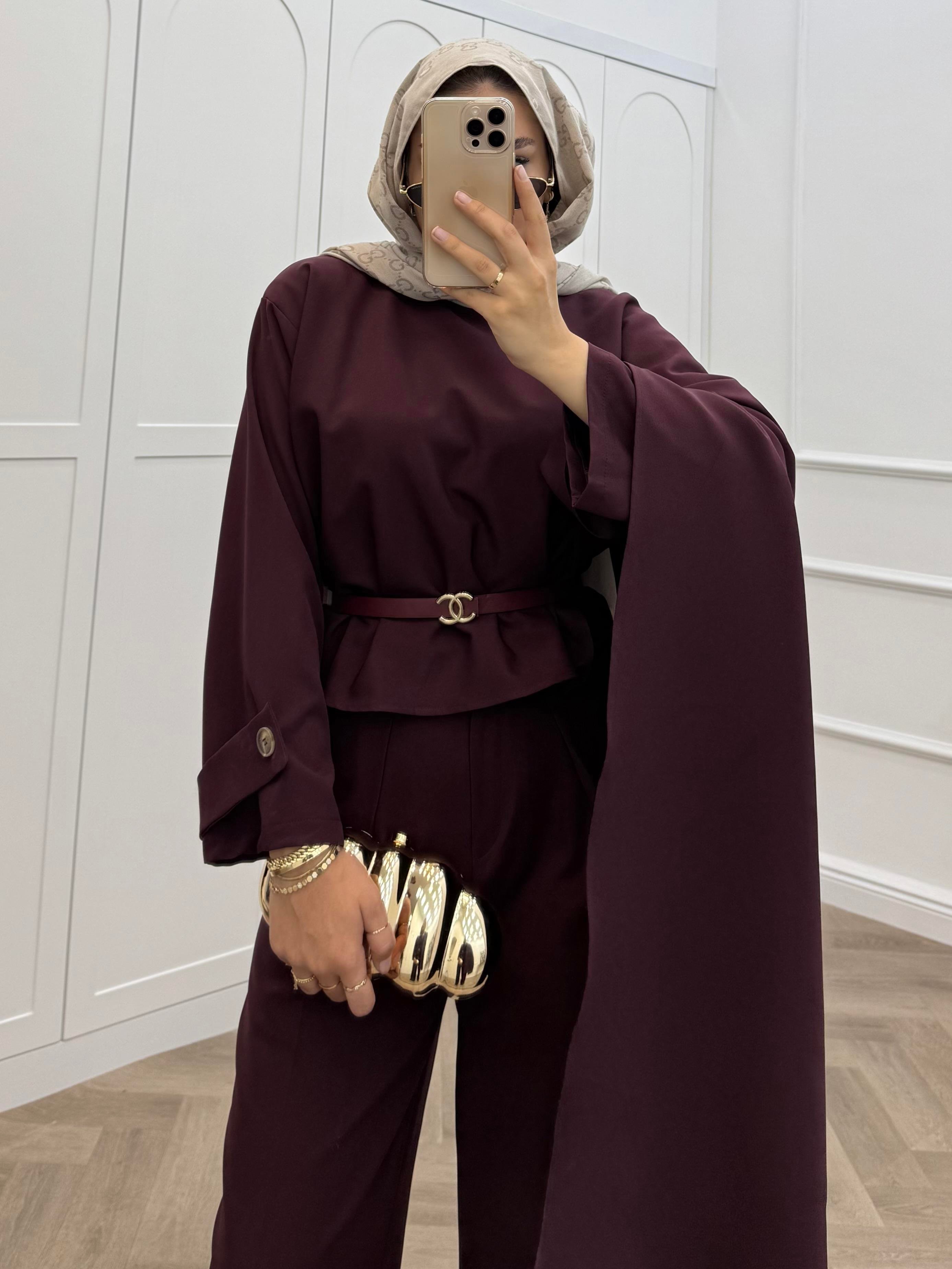 ŞAL DETAY KOL APOLETLİ PANTOLONLU TAKIM BORDO